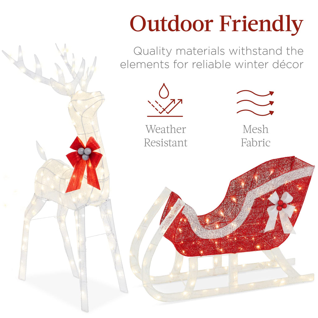 Best Choice Products Lighted Christmas 4Ft Reindeer & Sleigh Outdoor Yard Decoration Set W/ 205 Led Lights, Stakes, Zip Ties - White