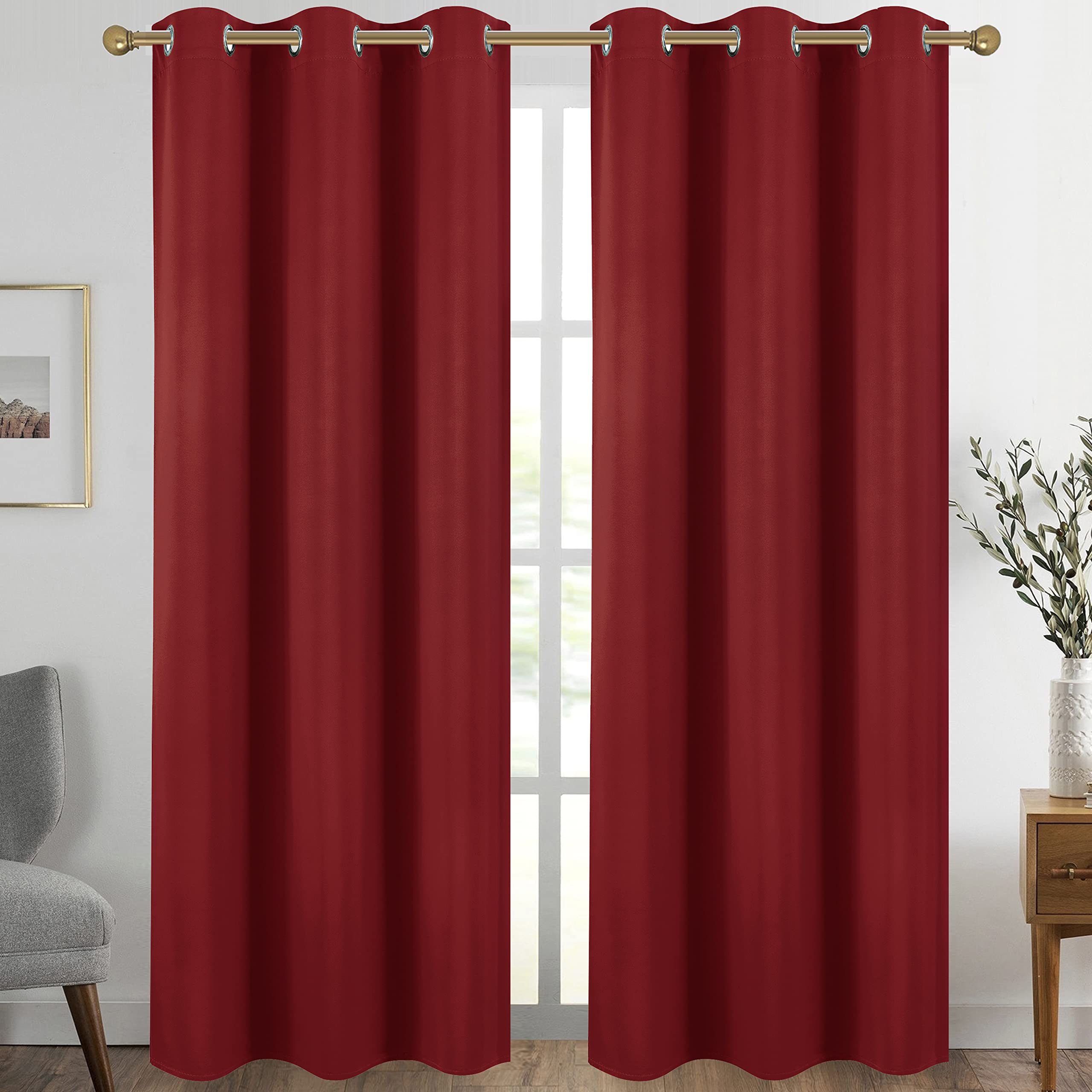 Diraysid Red Grommet Blackout Curtains for Bedroom Thermal Insulated Room Darkening Curtains Drapes, 42 x 84, 2 Panels