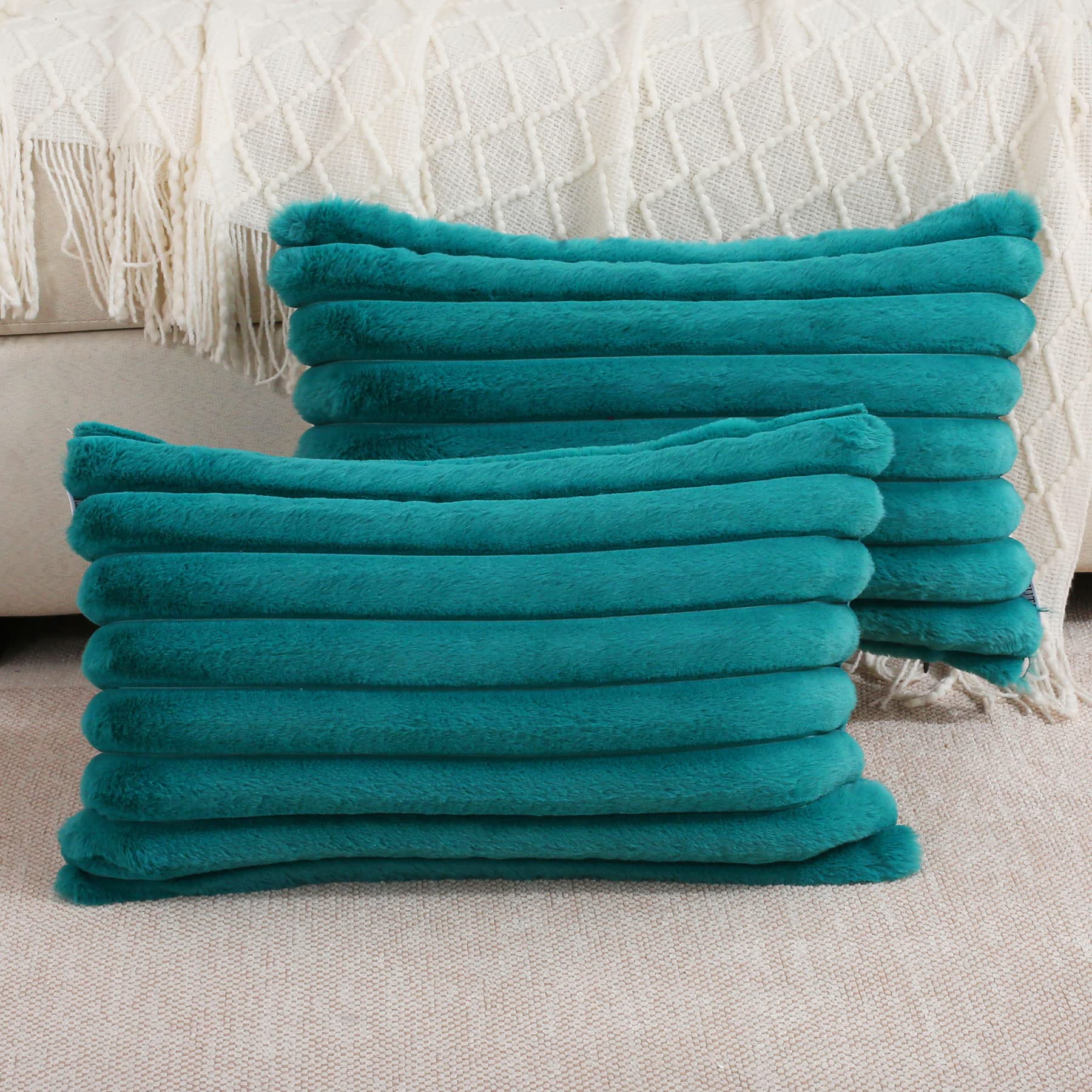 Futei Teal Green Striped Decorative Throw Pillow Covers 12X20 Inch Set Of 2,Rectangle Winter Decorations Couch Lumbar Pillowcase