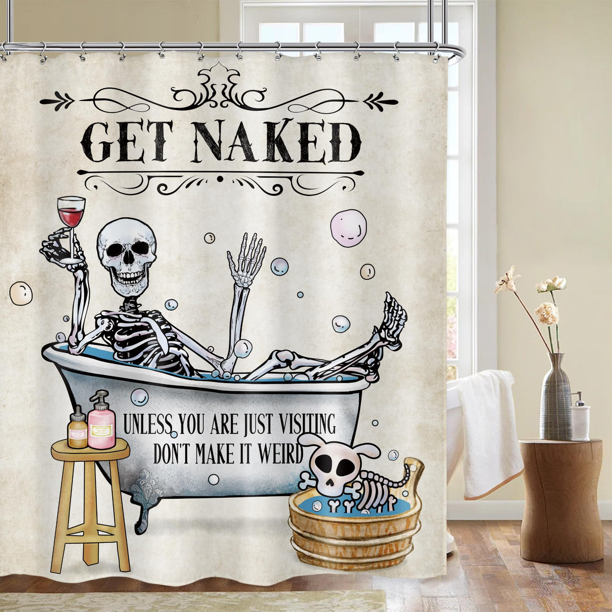 LGhtyro Funny Skull Skeleton Shower Curtain Bathroom Set 60Wx71H Inches Gothic Spooky Halloween Hilarious Bathing in Bathtub Bub