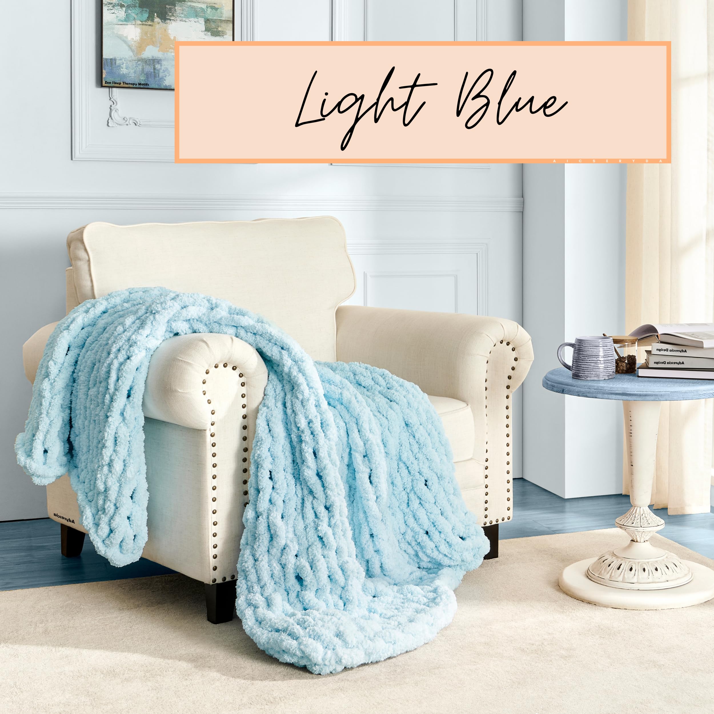 Adyrescia Chunky Knit Blanket Throw | 100% Hand Knit With Jumbo Chenille Yarn (50''X60'', Light Blue)