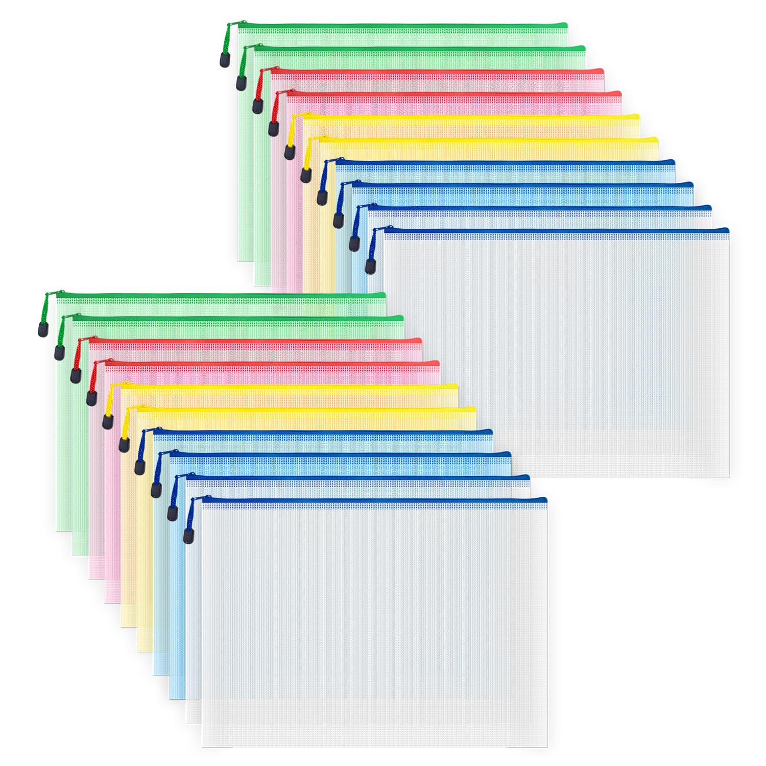 Austark 20 Pcs Zipper File Bags, Plastic Mesh Pouch, Board Game Storage, Waterproof For Office School (A3 Size 16.9'X12', Mult