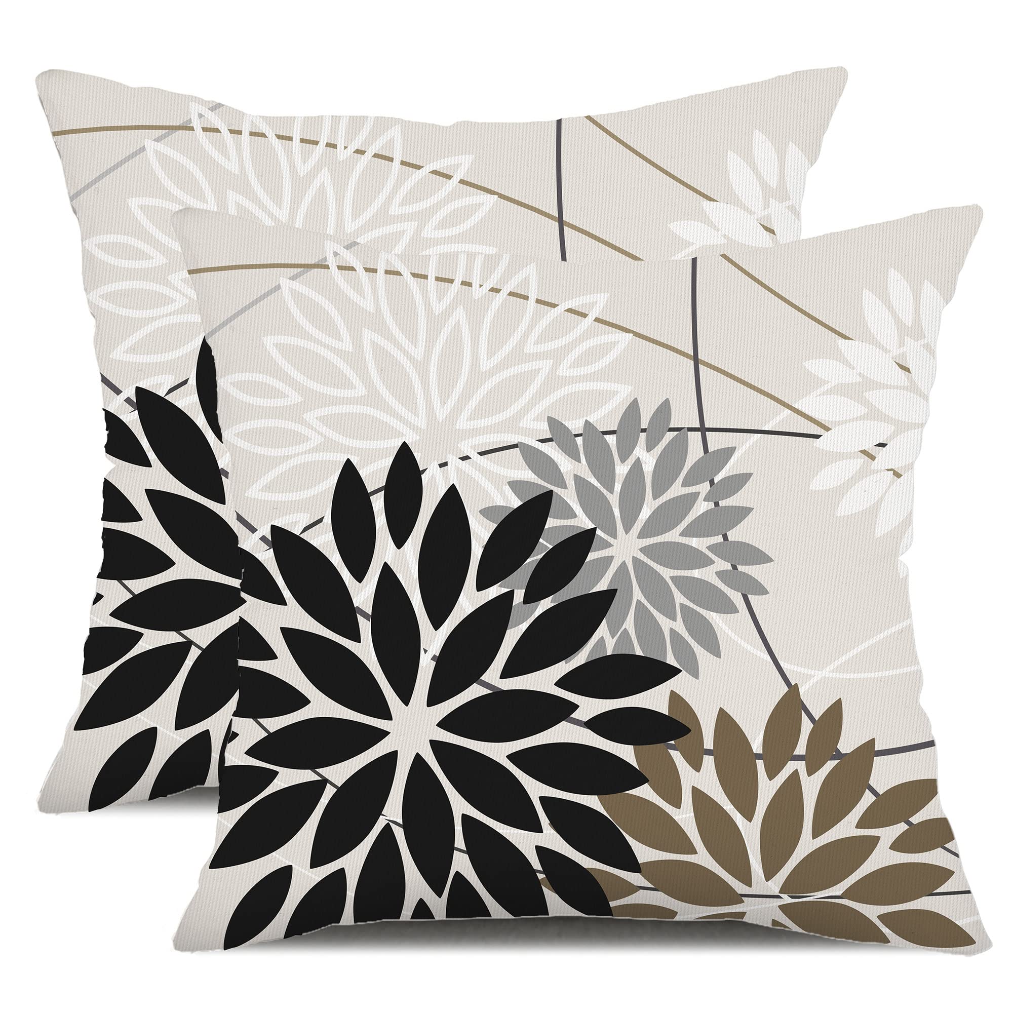 Black Brown Outdoor Pillow Covers 16X16 Inch Set Of 2 White Gray Flower Throw Pillows Farmhouse Outdoor Modern Floral Polyester
