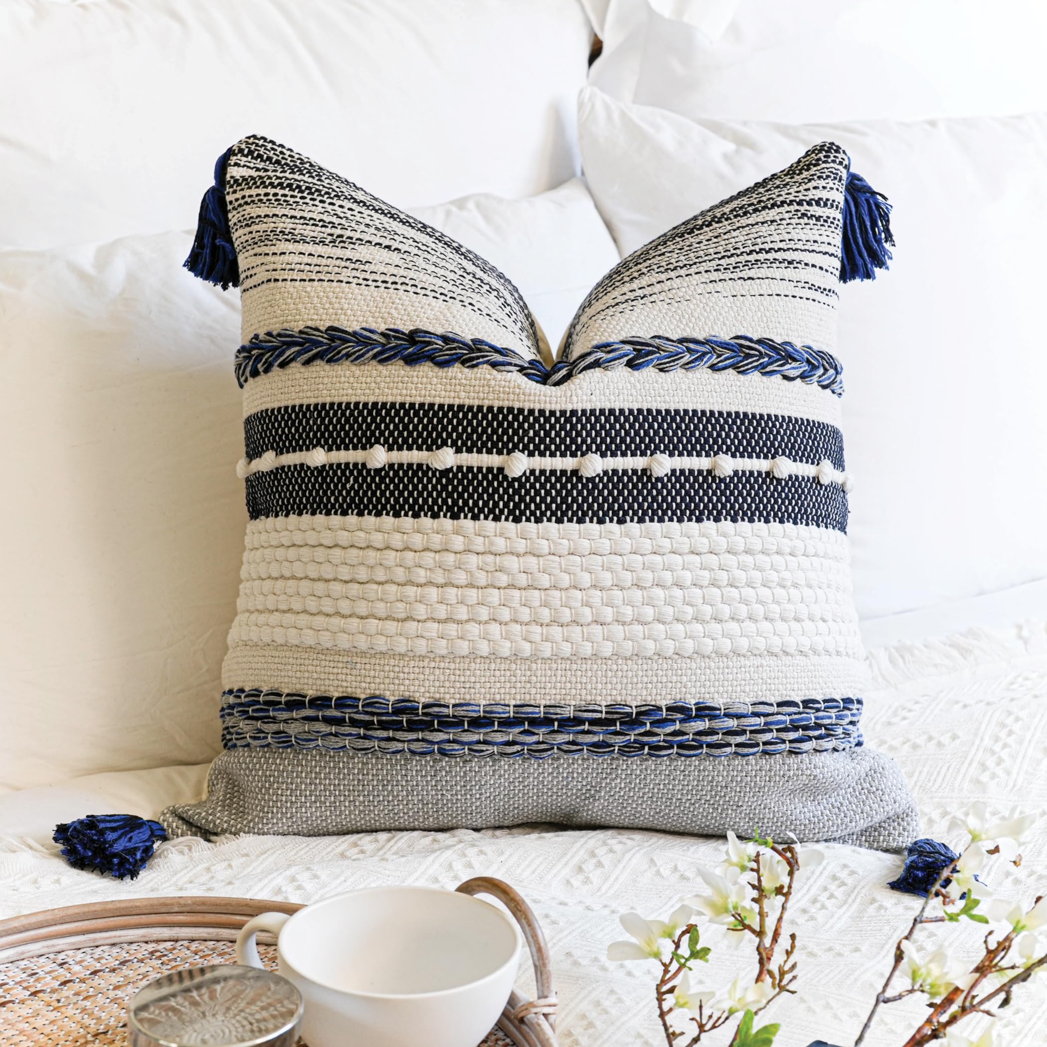 Blissblush Navy Dark Blue Boho Throw Pillow Cover 22X22 Grey Decorative Accent Pillow For Couch Square Woven Textured Pillowcase