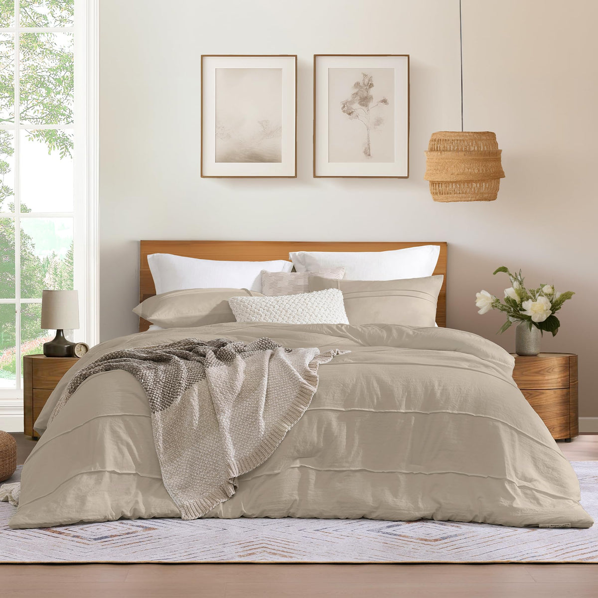 Amberspace Boho King Size Comforter Set,Dark Beige Pinch Pleat King Size Bed Set,3 Piece King Size Bedding Set,Warm Fluffy King