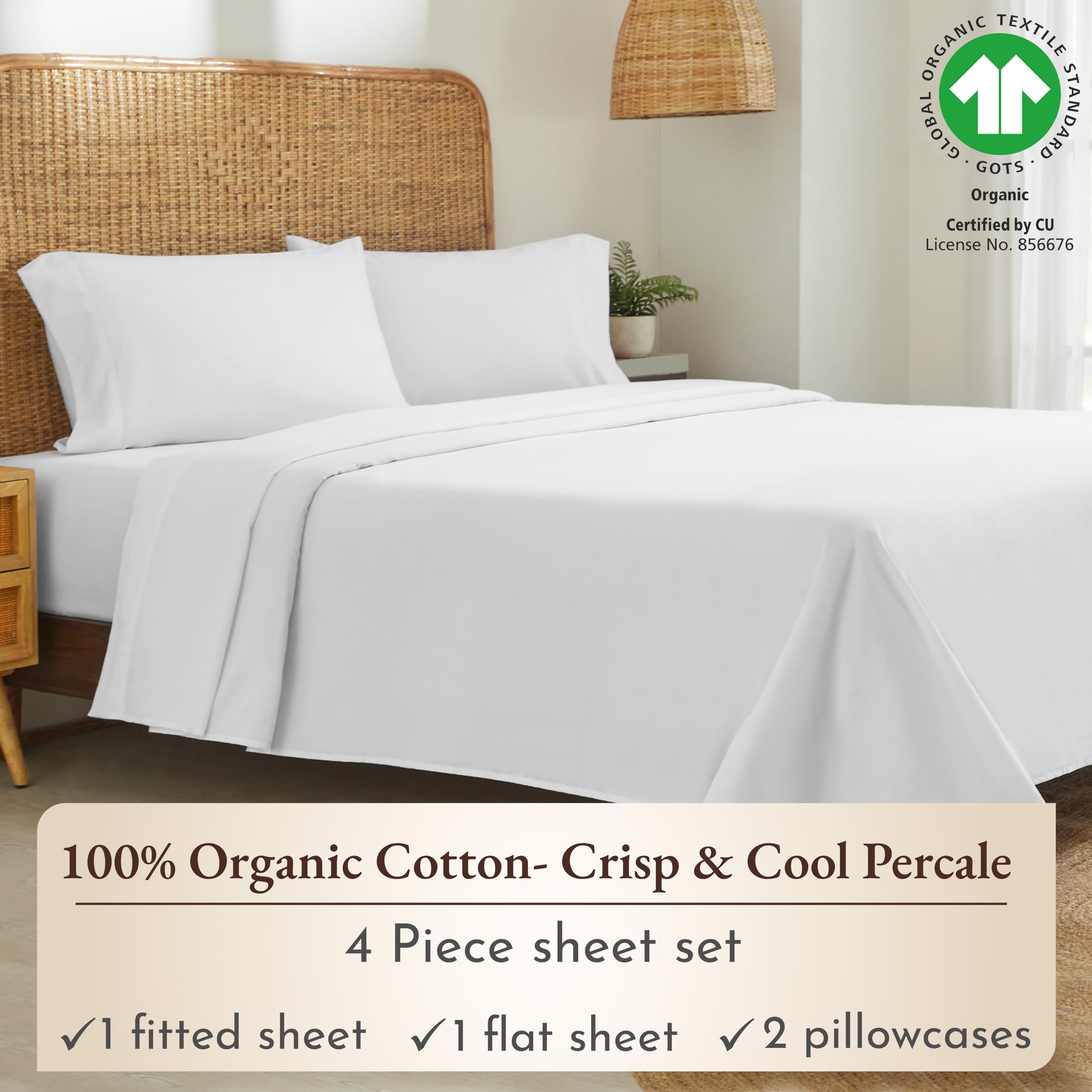 California Design Den Percale Full Size Sheet Sets, Deep Pocket 100% Organic Cotton Sheets, Gots Certified, Soft, Breathable & Cooling Sheets Full Size Bed, White Sheets