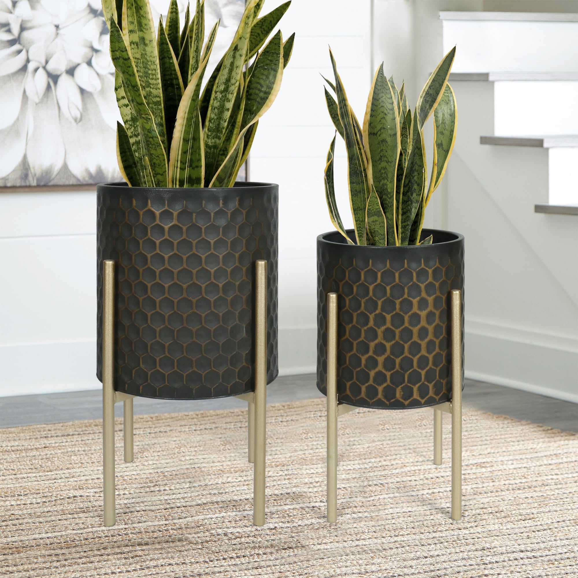 Oakrain Mid Century Planters For Indoor Plants, Set Of 2, Modern Decorative Metal Pots For Living Room, Office, Garden Or Balcon