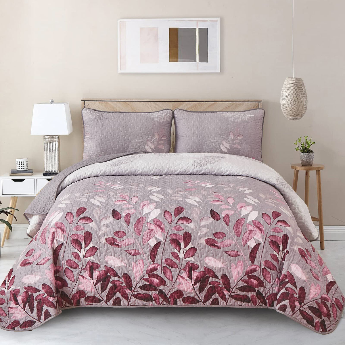 Wongs Bedding Quilt Set Queen Size,3 Piece Pink Floral Leaves Bedspread Coverlet Set With 2 Pillowcases For All Season, Soft Mir