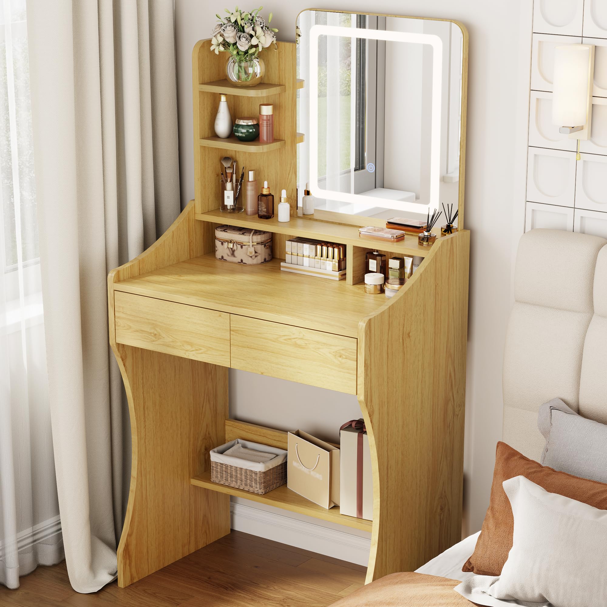 Otterease Small Vanity Desk, Makeup Vanity with Mirror and Lights, Vanity Desk with Drawer & 3 Storage Shelves, Wood Makeup Vani