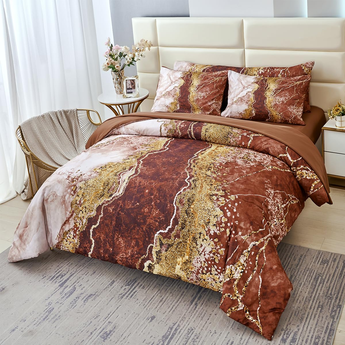 Perfemet 6 Pcs Marble Comforter Set Queen Coffee Brown Watercolor Marble Printed Quilt Complete Set Luxury Retro Artwork Style B