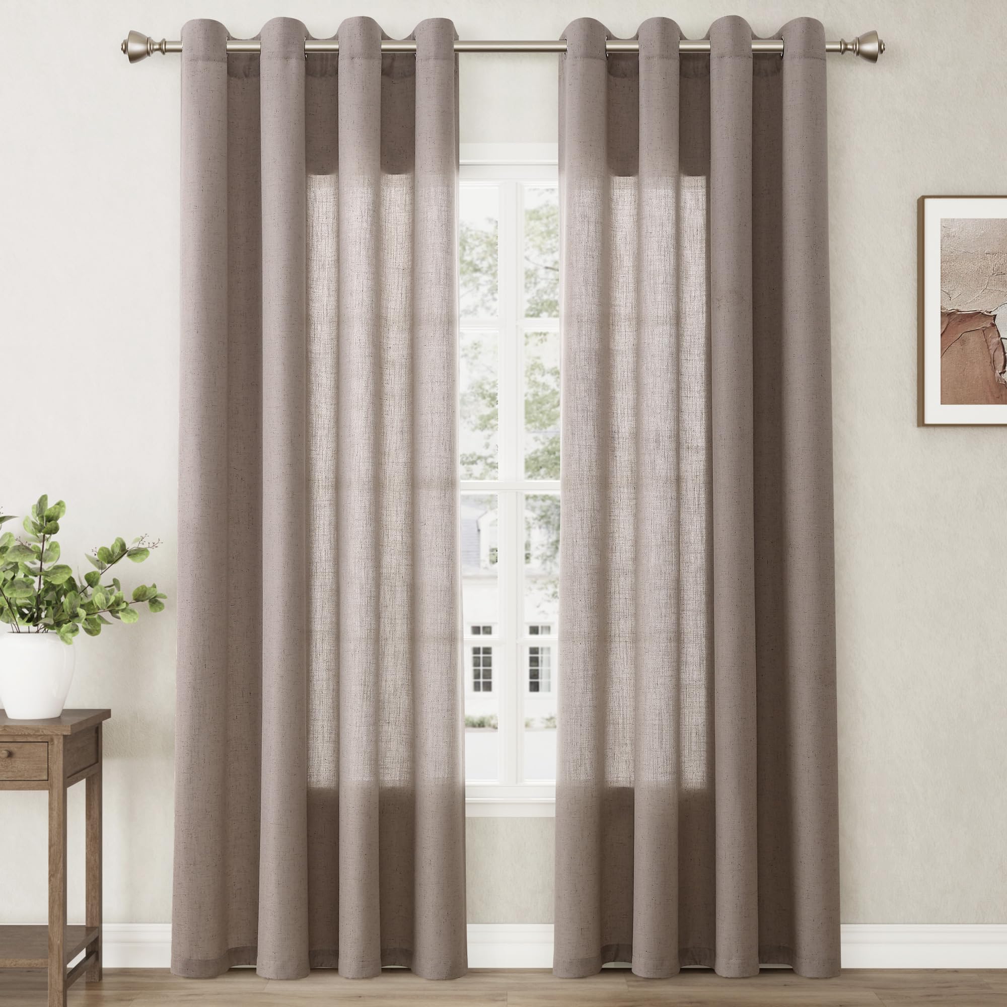 Nanspring Dark Apricot Living Room Curtains 84 Inch Length 2 Panels Linen Blend Grommet Semi Sheer Light Filtering Country Farmh
