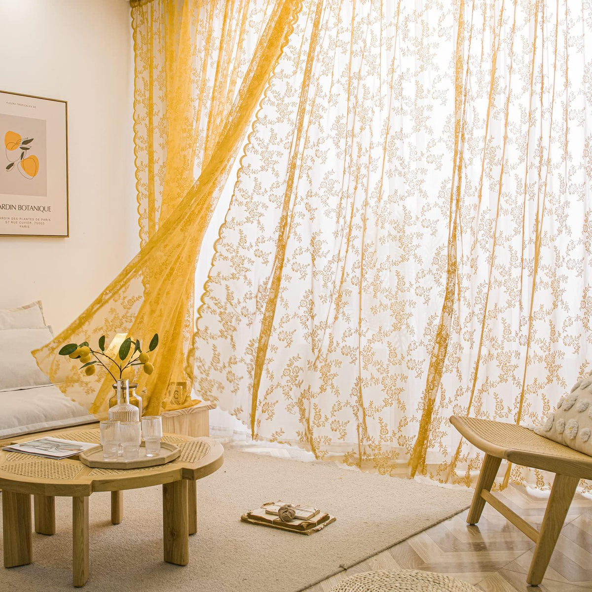 Deeprove Gold Lace Sheer Curtains 96 inches Long 2 Panels Set, Rose Florals Embroidery Privacy Window Treatment Pair Drapes for 