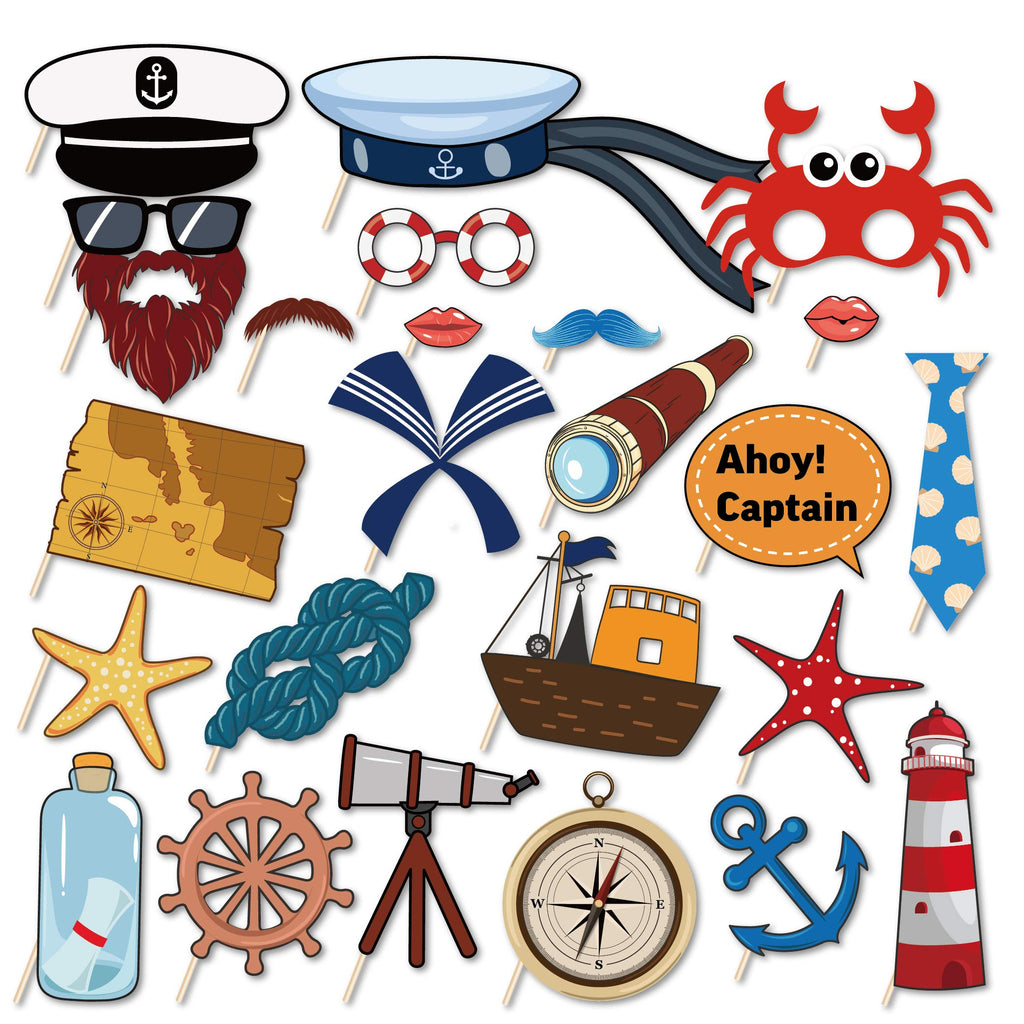 Kristin Paradise 25Pcs Nautical Photo Booth Props with Stick, Ahoy Boy Theme Selfie Props, Sailor Birthday Party Supplies, Cruis