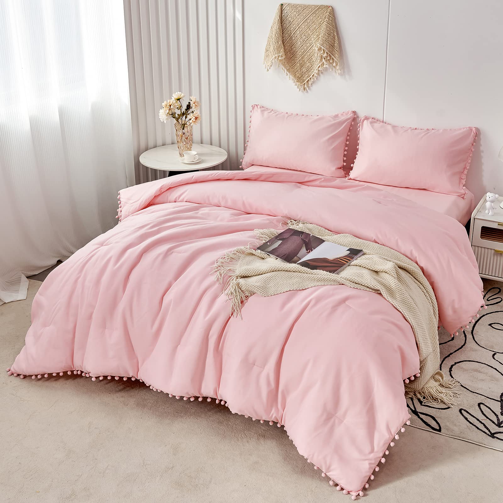 Perfemet Pink Pom Comforter Set Queen Size(90X90Inch), 5 Pcs Boho Aesthetic Farmhouse Bedding Set With Sheets Soft Microfiber Do