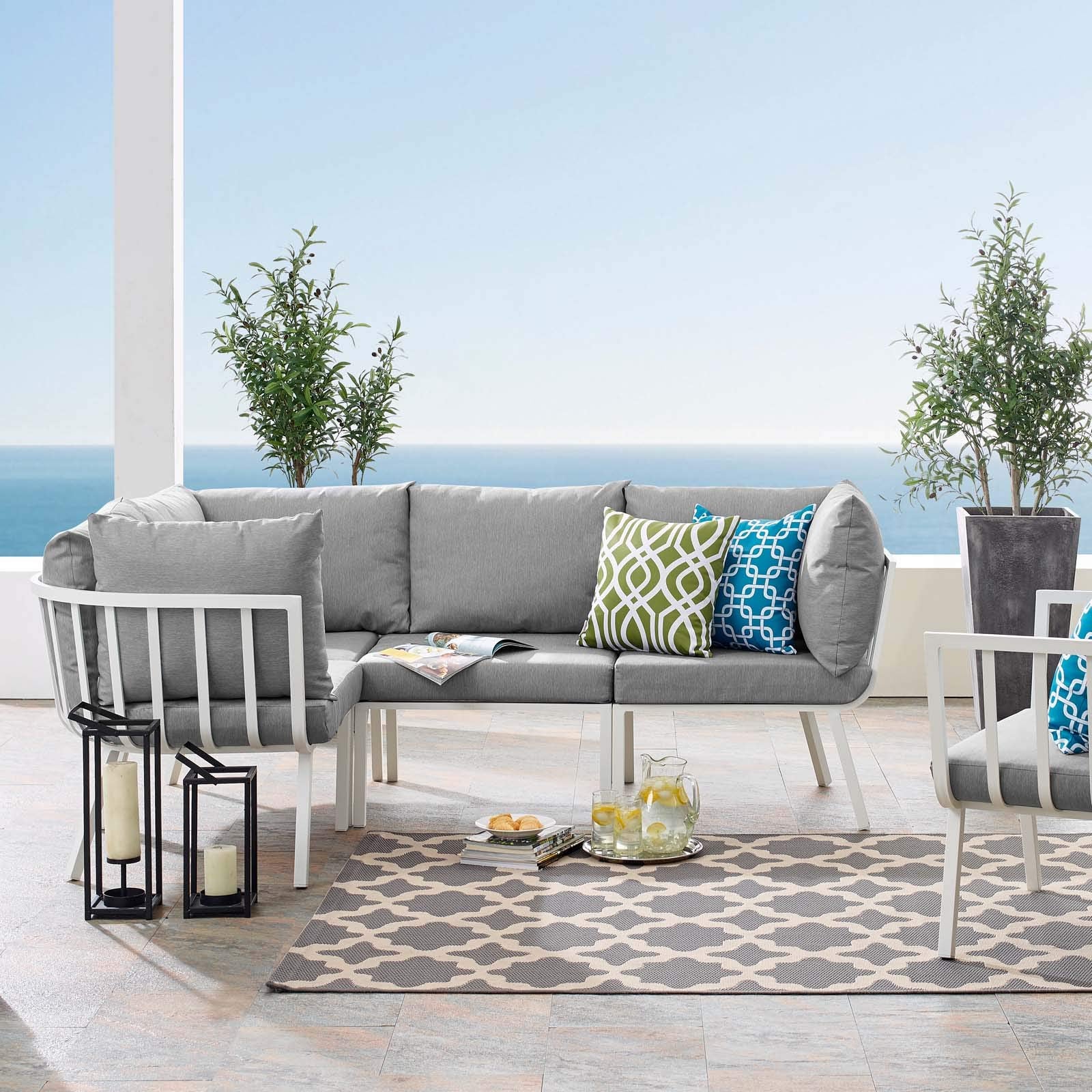 Modway Riverside Outdoor Patio Aluminum Sectional Set, 59" L X 85. 5" W X 28" H, White Gray