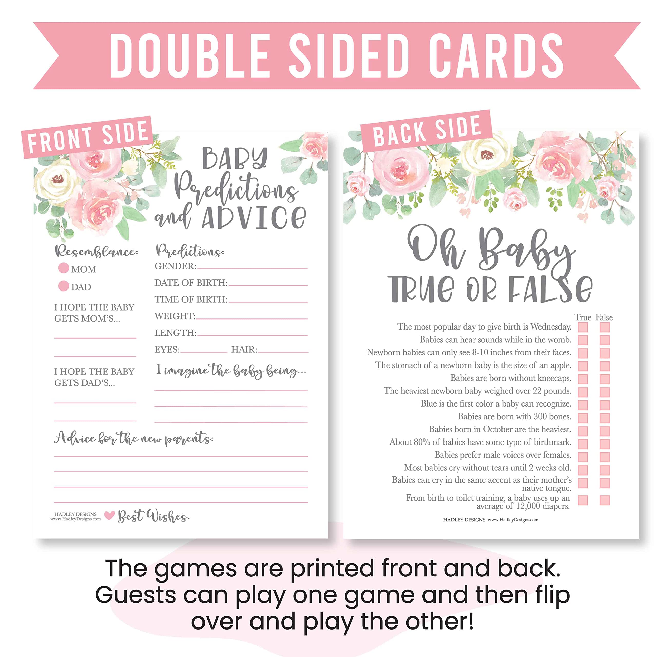 Hadley Designs Floral Baby Shower Games For Girls - 50 Cards, Two 25-Game Sets, 4 Games Double Sided, Baby Prediction And Advice