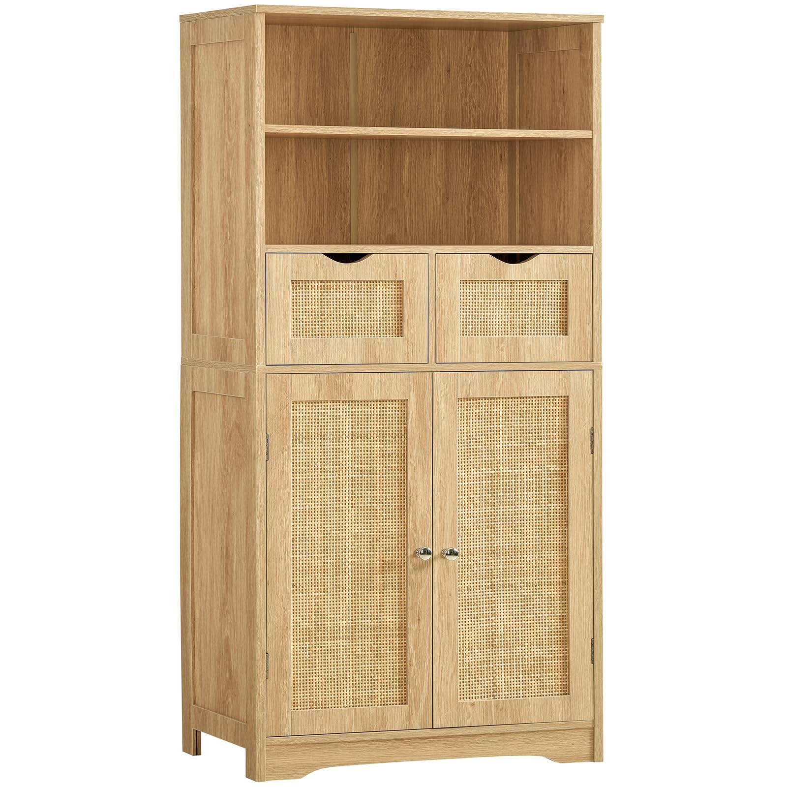 Iwell Tall Storage Cabinet, Rattan Cabinet with 2 Drawers & Adjustable Shelf, Accent Cabinet for Living Room, Dining Room, Home 