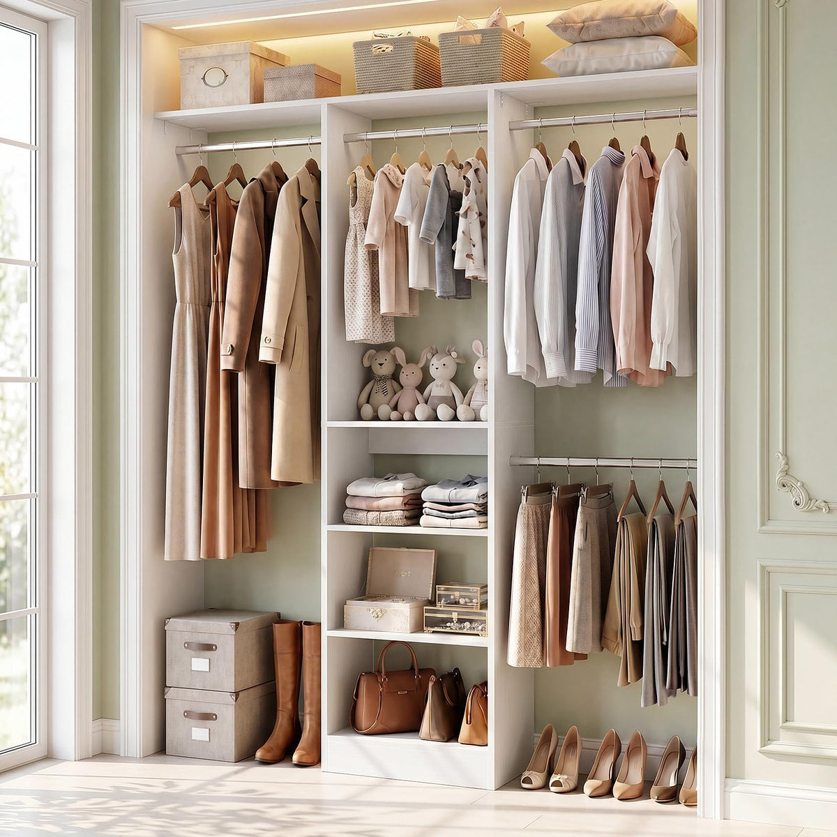 Besiost 4FT Small Closet Organizer System with 4 Hanging Rods & 3 Shelves
