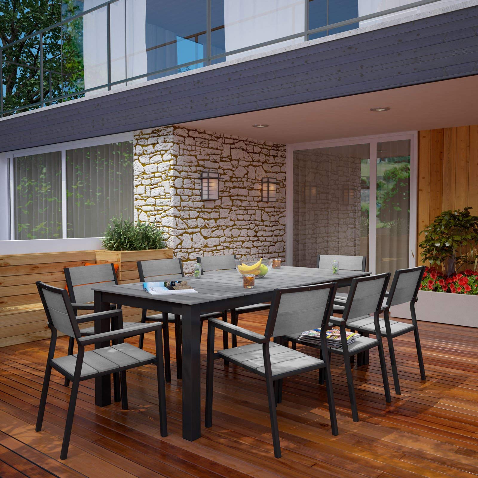 Modway Maine Aluminum 9-Piece Outdoor Patio Dining Set with 80&quot; Dining Table and Eight Dining Armchairs in Brown Gray