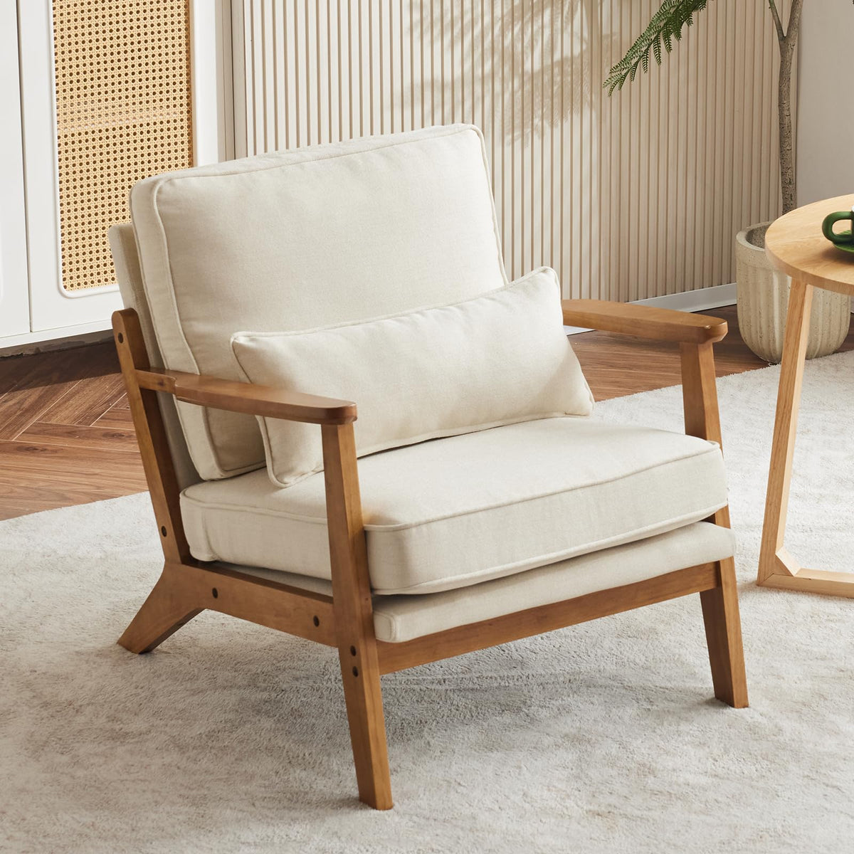 Karl Home Accent Chair Wide Armrest Mid-Century Lounge Chair Chenille Armchair With Lumbar Pillow & Solid Wood Frame For Living