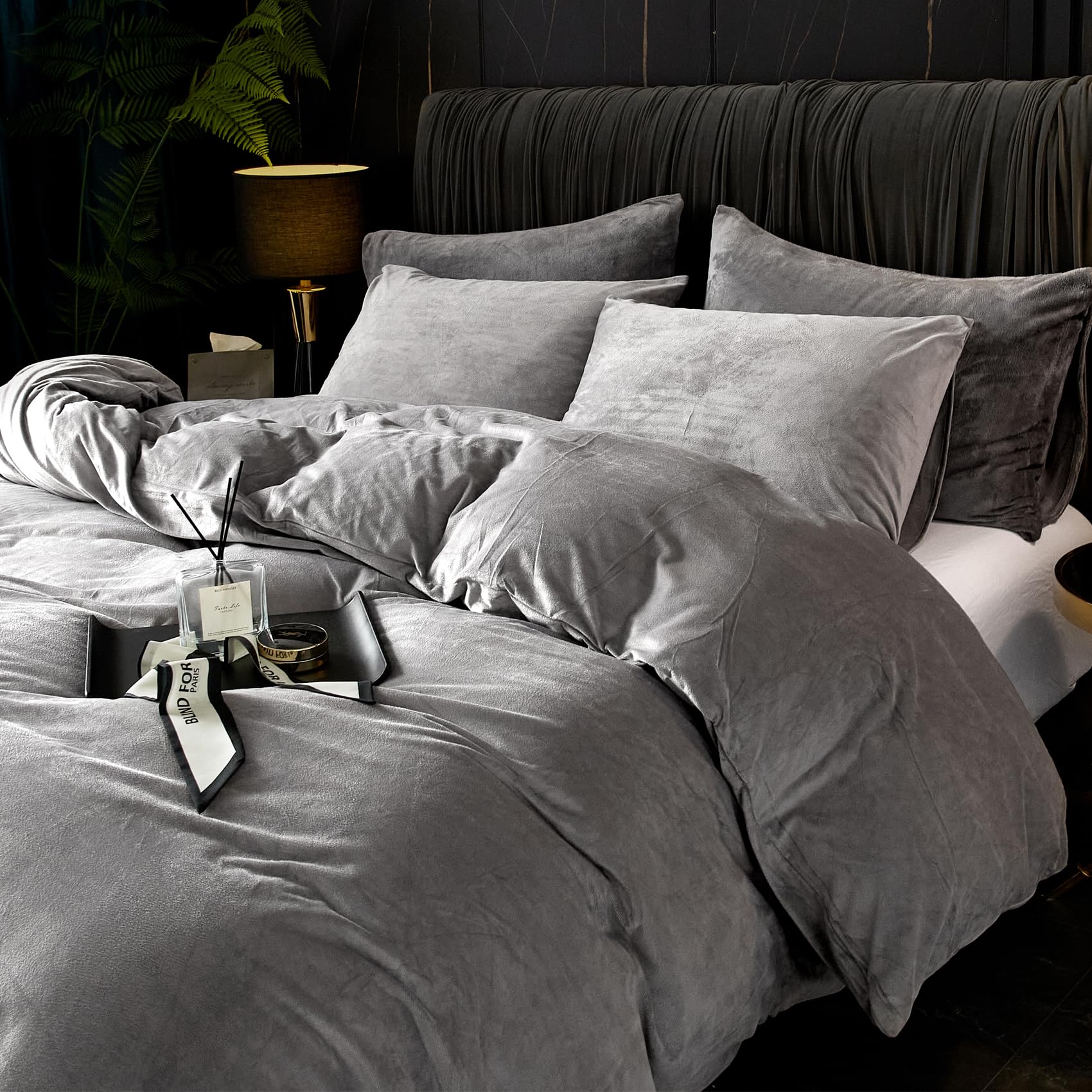Ivellow Velvet Flannel Duvet Cover King Size Smoky Gray Duvet Cover King Velvet Comforter Cover Set Ultra Soft Breathable Cozy V