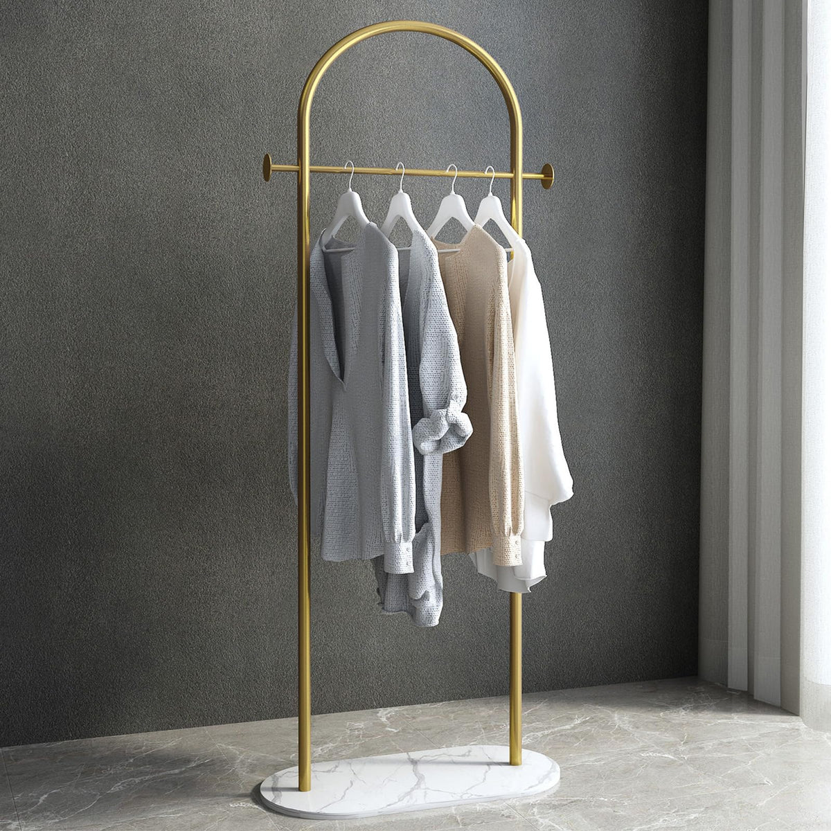 BUZUEY Freestanding Clothing Rack with Marble Base,Modern Gold Arch Garment Rack for Small Spaces,Sturdy Metal Coat Rack,Clothes