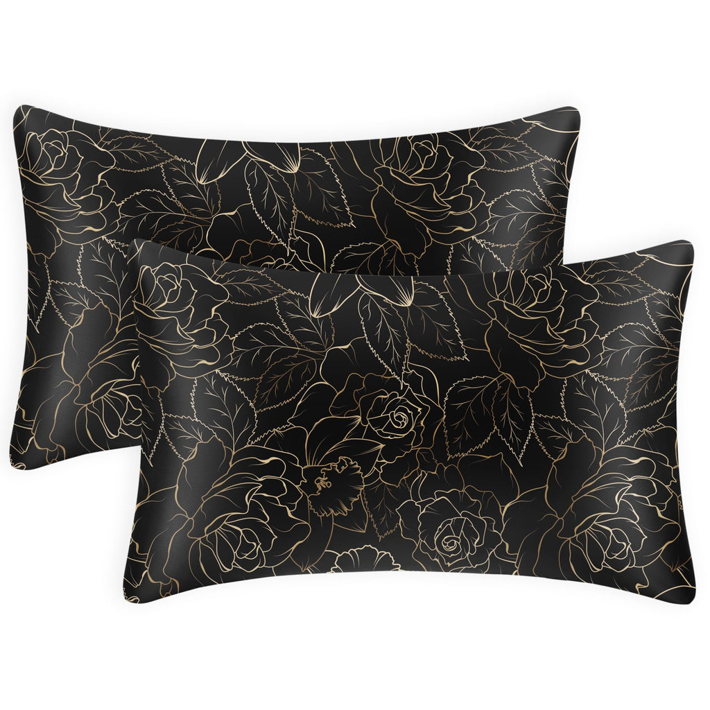 Exq Home Satin Pillowcase For Hair And Skin Queen - Printed Rose On Black Silk Pillowcase 2 Pack 20X30 Inches - Satin Pillow Cas