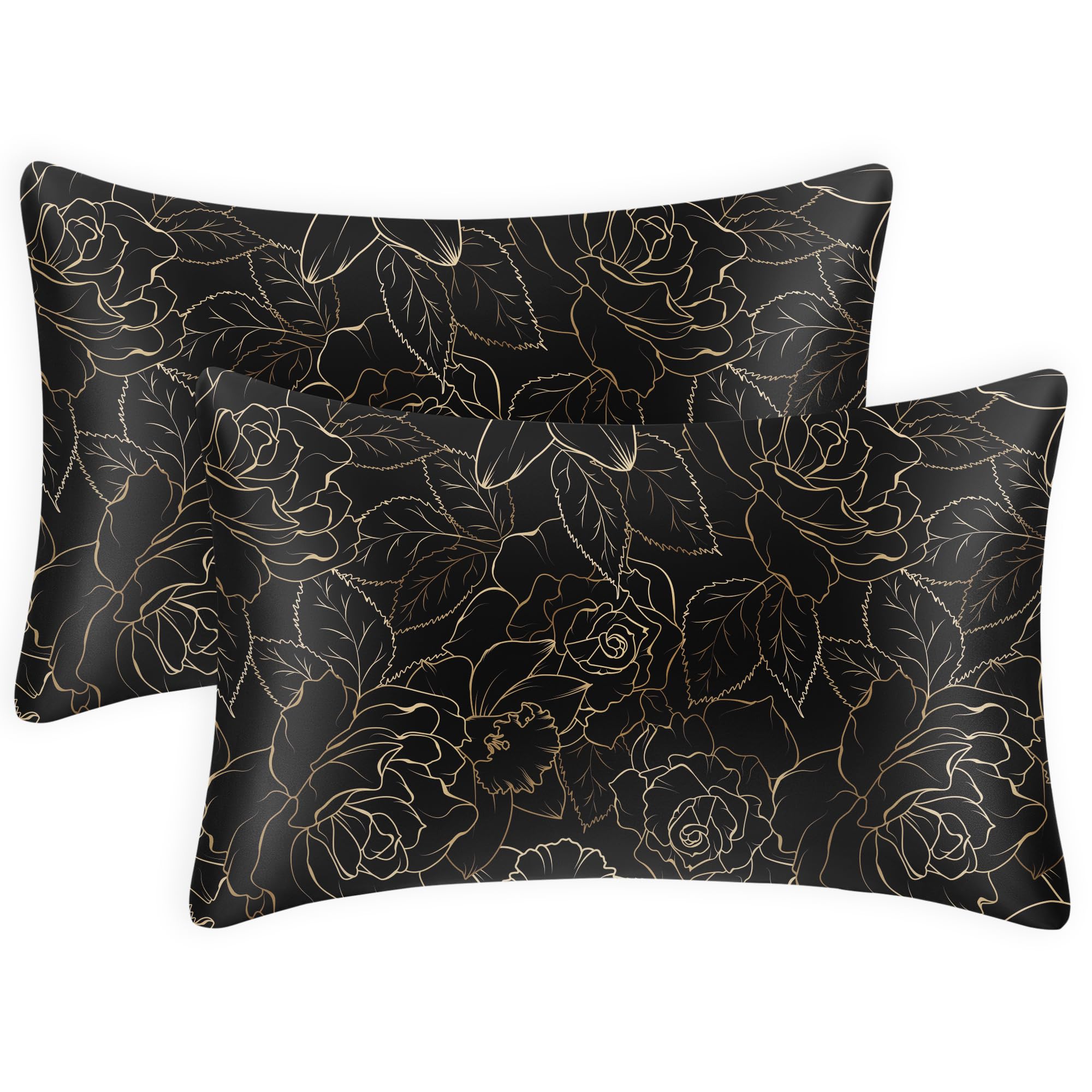 Exq Home Satin Pillowcase For Hair And Skin Queen - Printed Rose On Black Silk Pillowcase 2 Pack 20X30 Inches - Satin Pillow Cas