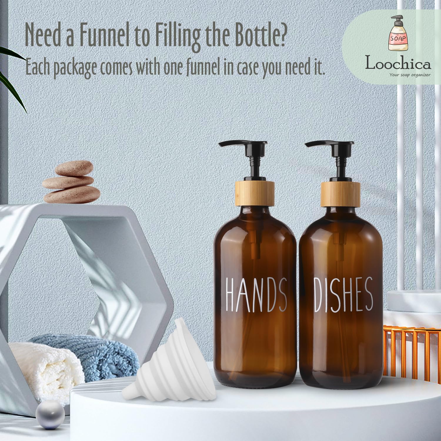 Loochica 2 Pack Amber Glass Soap Dispenser With Plastic Pump, Brown Dish And Hand Soap Dispenser Set, Refillable Reusable Apothe