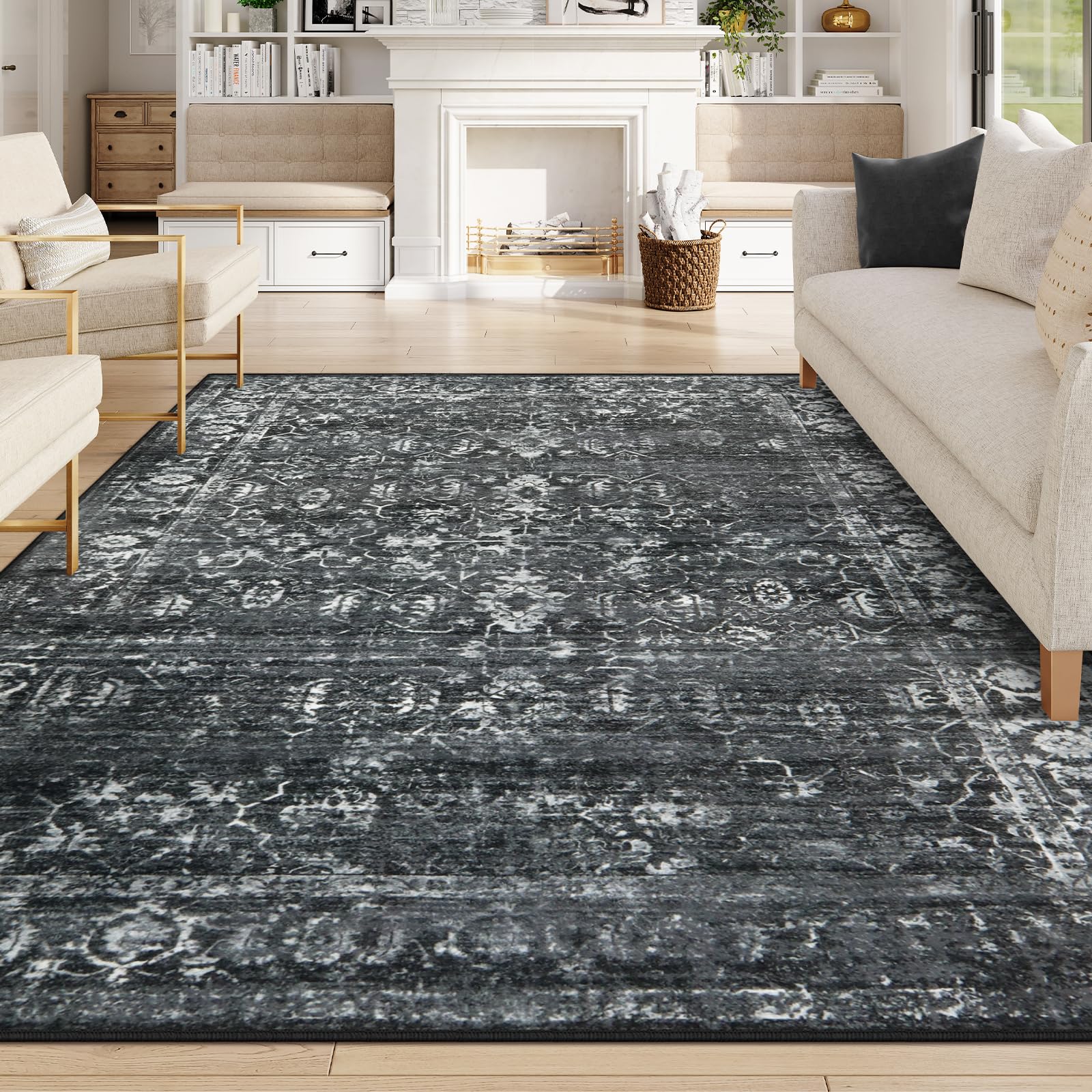 Lahome 8x10 Area Rugs for Living Room Washable Rugs 8x10 Black Large Rug Indoor Carpet, Vintage Distressed Rug Soft Non Slip Are