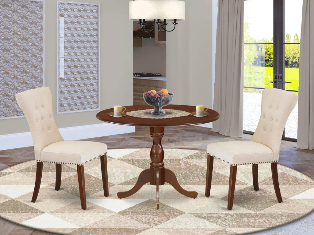 East West Furniture DMGA3-MAH-32 3 Piece Dining Set Contains a Round Dining Room Table with Dropleaf and 2 Light Beige Linen Fabric Upholstered Chairs, 42x42 Inch, Mahogany