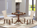 East West Furniture DMGA3-MAH-32 3 Piece Dining Set Contains a Round Dining Room Table with Dropleaf and 2 Light Beige Linen Fabric Upholstered Chairs, 42x42 Inch, Mahogany