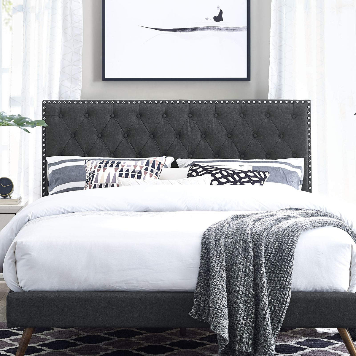 Modway Helena Tufted Button Fabric Upholstered Full/Queen Headboard With Nailhead Trim In Gray