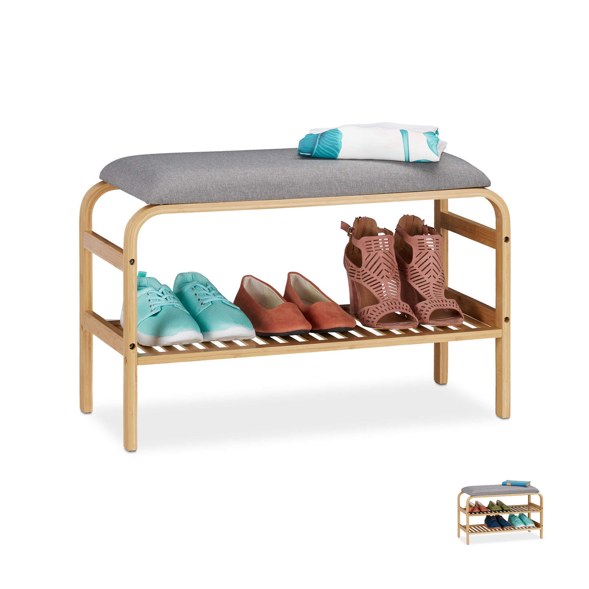 Relaxdays Shoe Bench, 3 Pairs of Shoes, Padded Seat, Hallway and Wardrobe, Shoe Storage HBT 46 x 69 x 30 cm, Natural, 1 Piece, 1