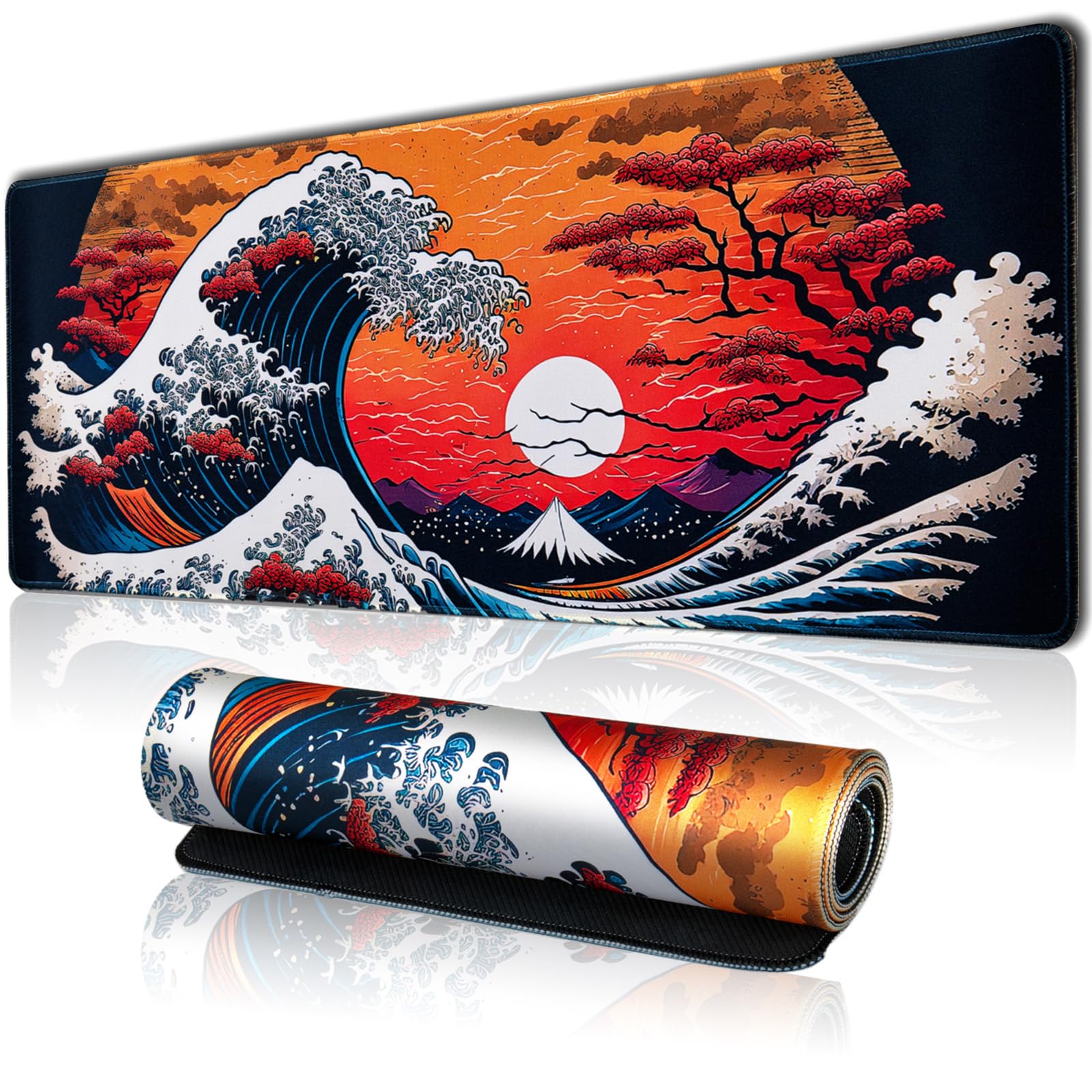 Hopipad Japanese Sea Waves Large Gaming Mouse Pad For Desk, Desk Mat With Seamed Edges, Waterproof Desk Pad, Non-Slip Rubber Bas