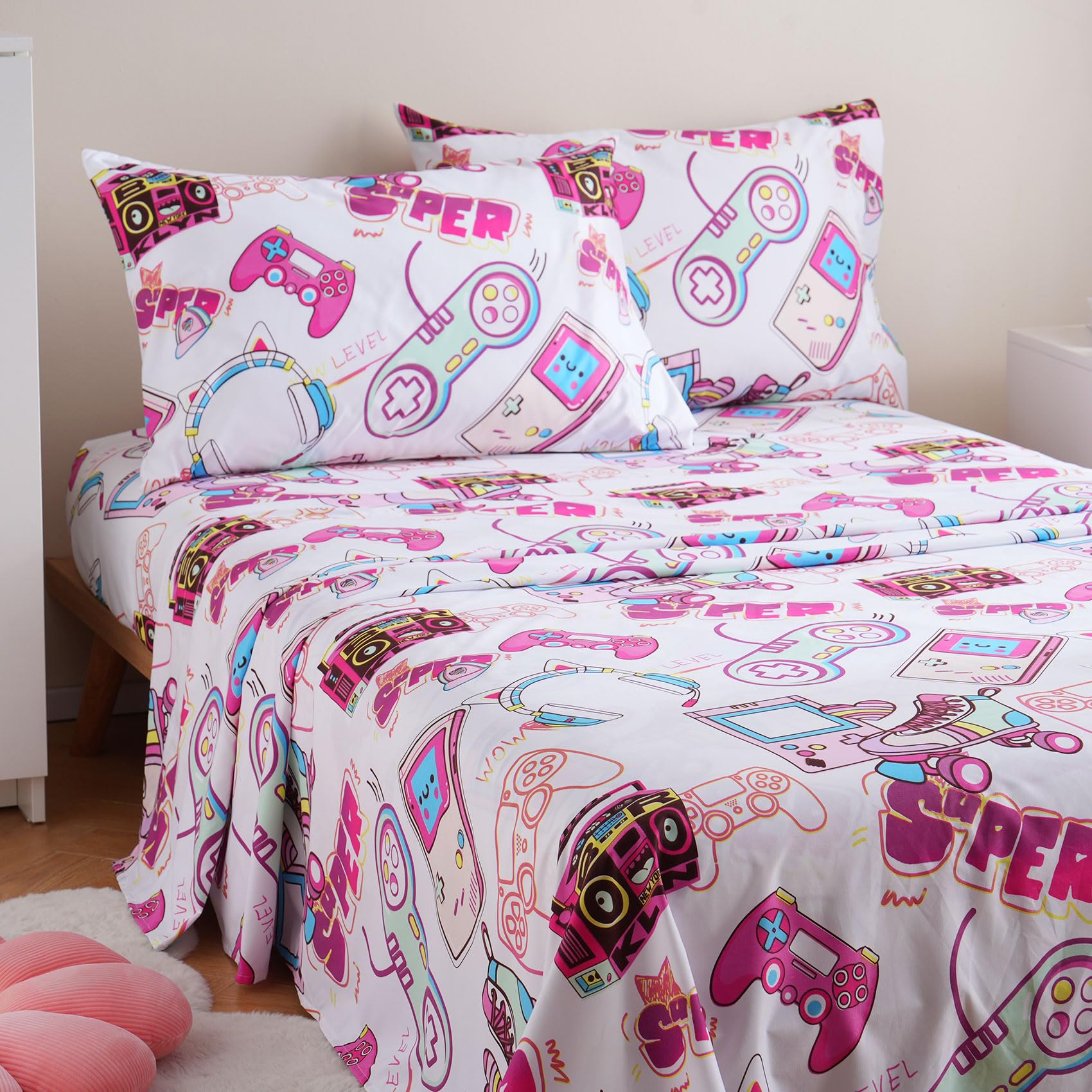 Jsd Girls Gamer Sheet Set Twin Size, 3 Piece Soft Kids Gaming Printed Microfiber Bed Sheets Deep Pocket