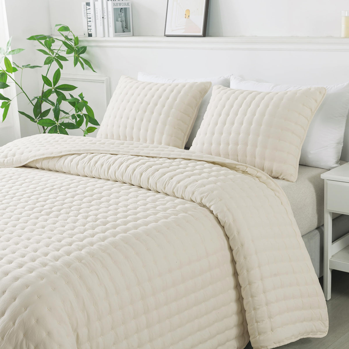 Wdcozy Ivory Queen Size Quilts Bedding Sets With 2 Pillow Shams, Lightweight Soft Bedspread Coverlet, Quilted Blanket Thin Comfo