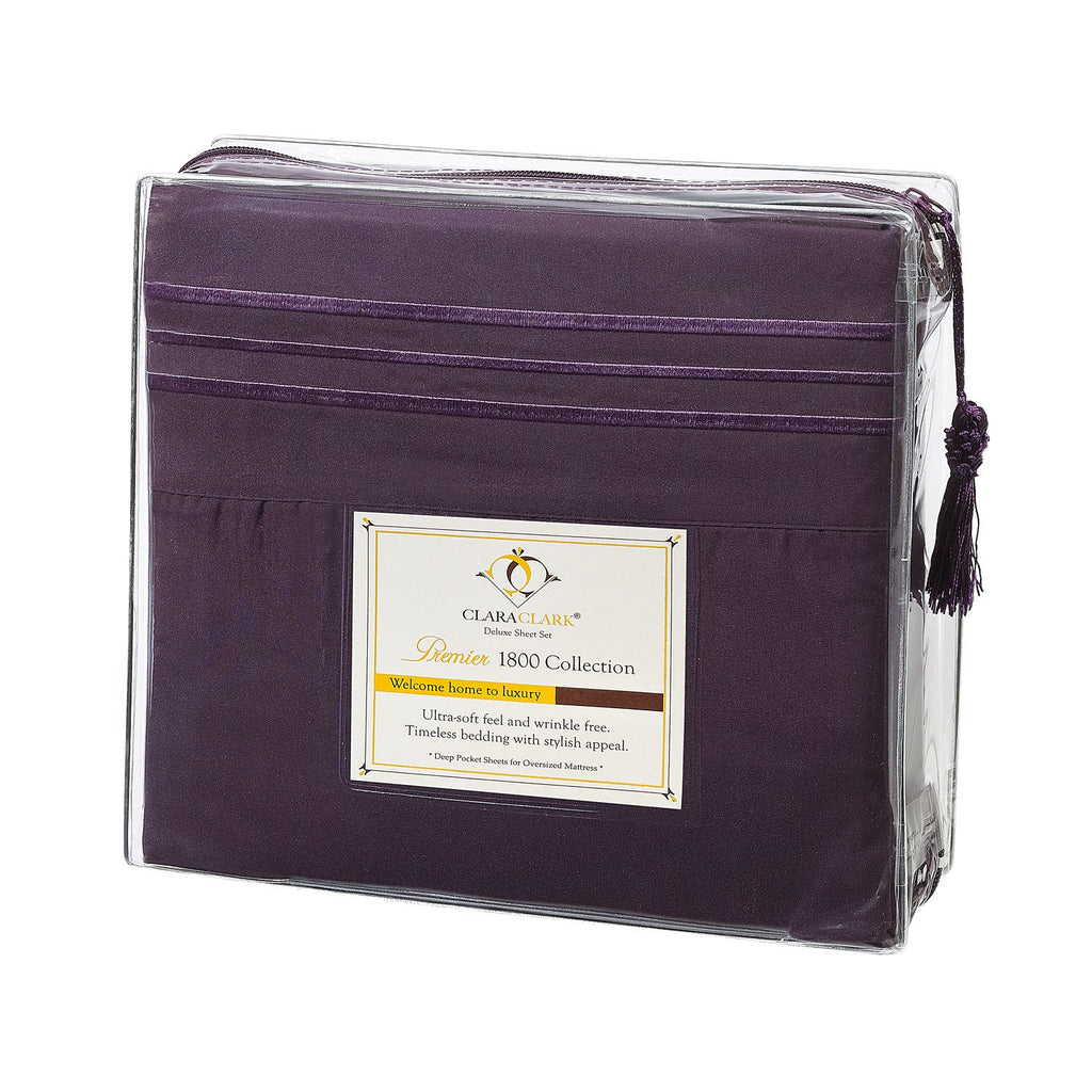 Clara Clark Bed Sheets, Premier 1800 Series 4 Piece Bed Sheet Set, Deep Pocket, Wrinkle, Fade, Stain Resistant, Luxury Soft Bedding Sheets & Pillowcases, Queen, Purple Eggplant