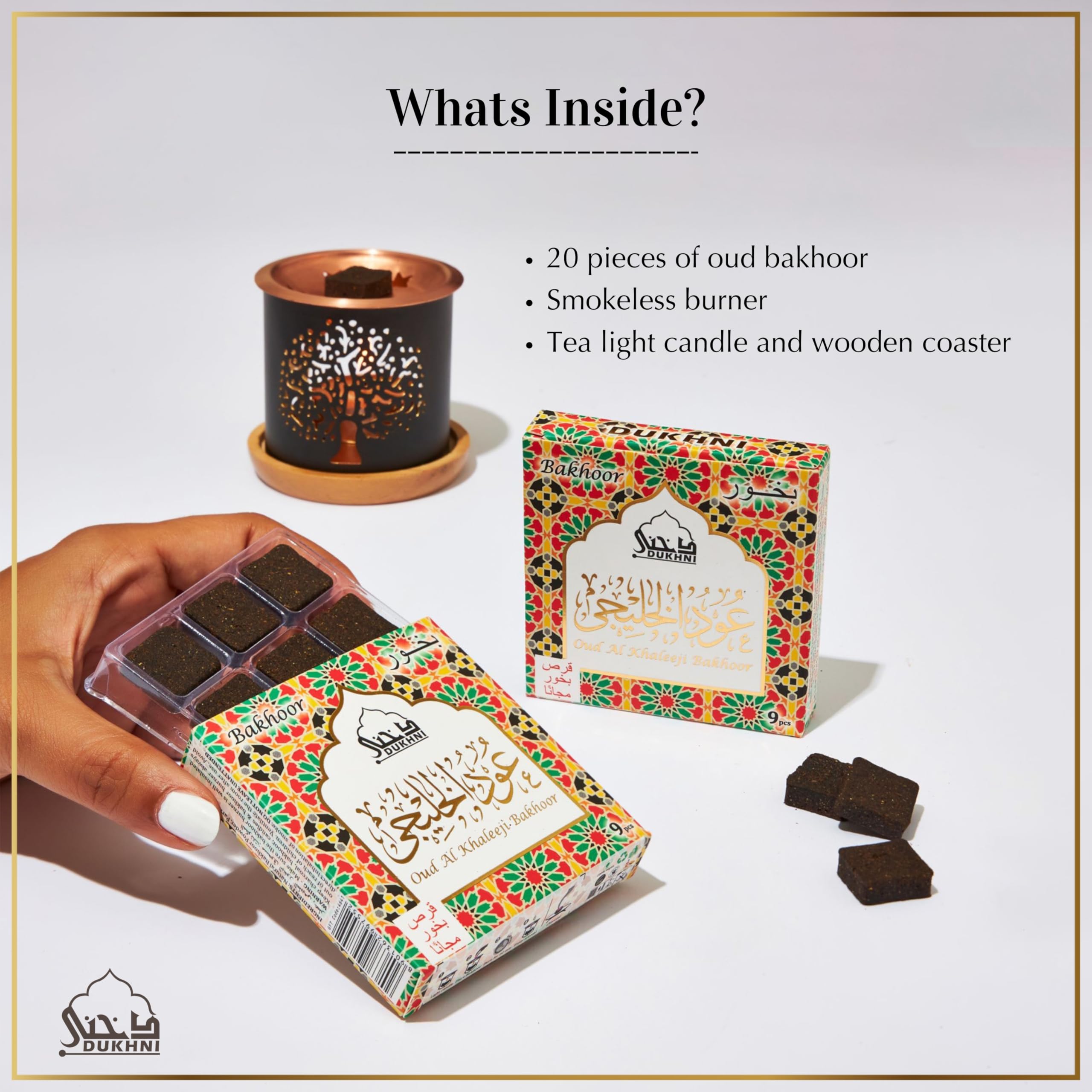 Oud Al Khaleeji Bakhoor Set By Dukhni | 2 X 9 Piece Each & Tree Bakhoor Burner | Arabic Bakhoor Incense | Citrus, Spicy Oud Blen