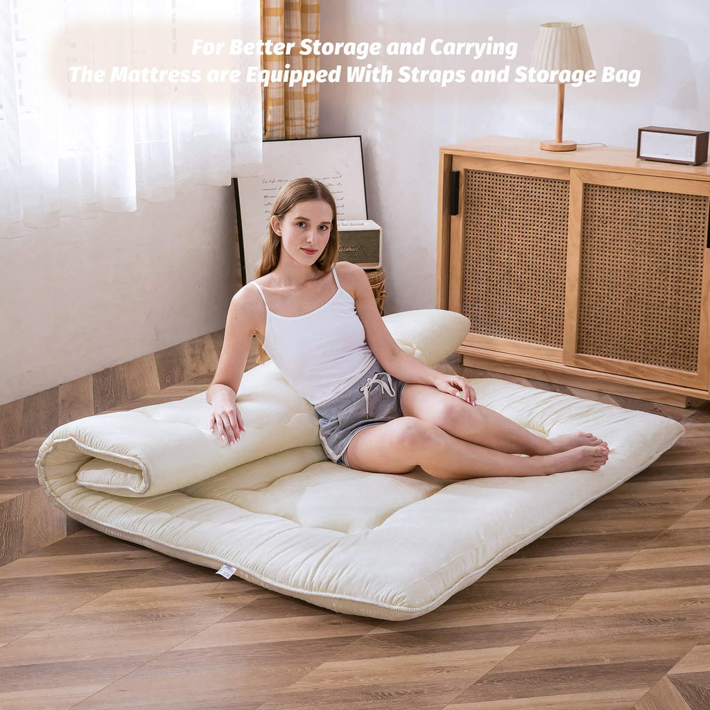 Maxyoyo Japanese Floor Mattress Futon Mattress Queen Size, Thicken Tatami Mat Sleeping Pad Foldable Roll Up Mattress Trifold Mattress Pad Guest Mattress Bed Floor Bed, Off White,Queen