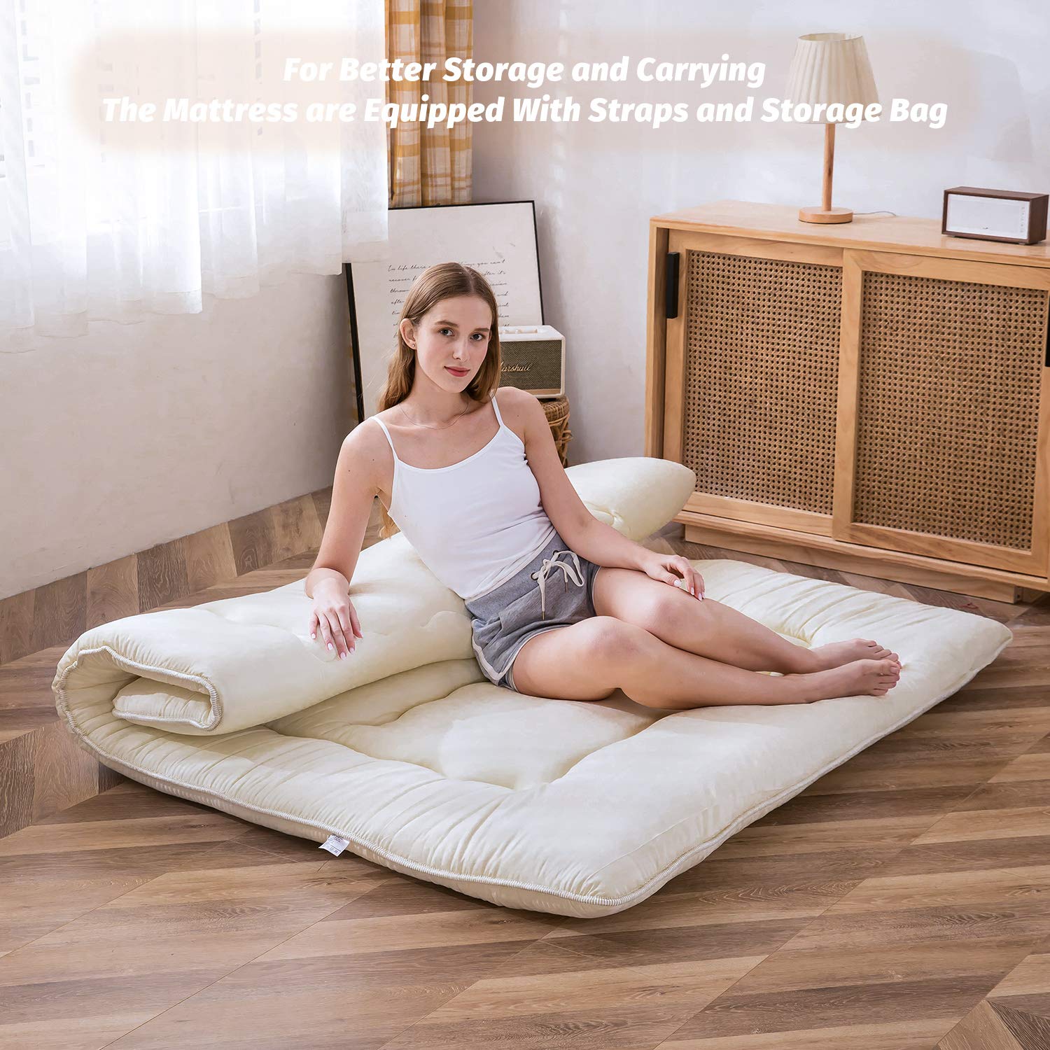 Maxyoyo Japanese Floor Mattress Futon Mattress Queen Size, Thicken Tatami Mat Sleeping Pad Foldable Roll Up Mattress Trifold Mattress Pad Guest Mattress Bed Floor Bed, Off White,Queen