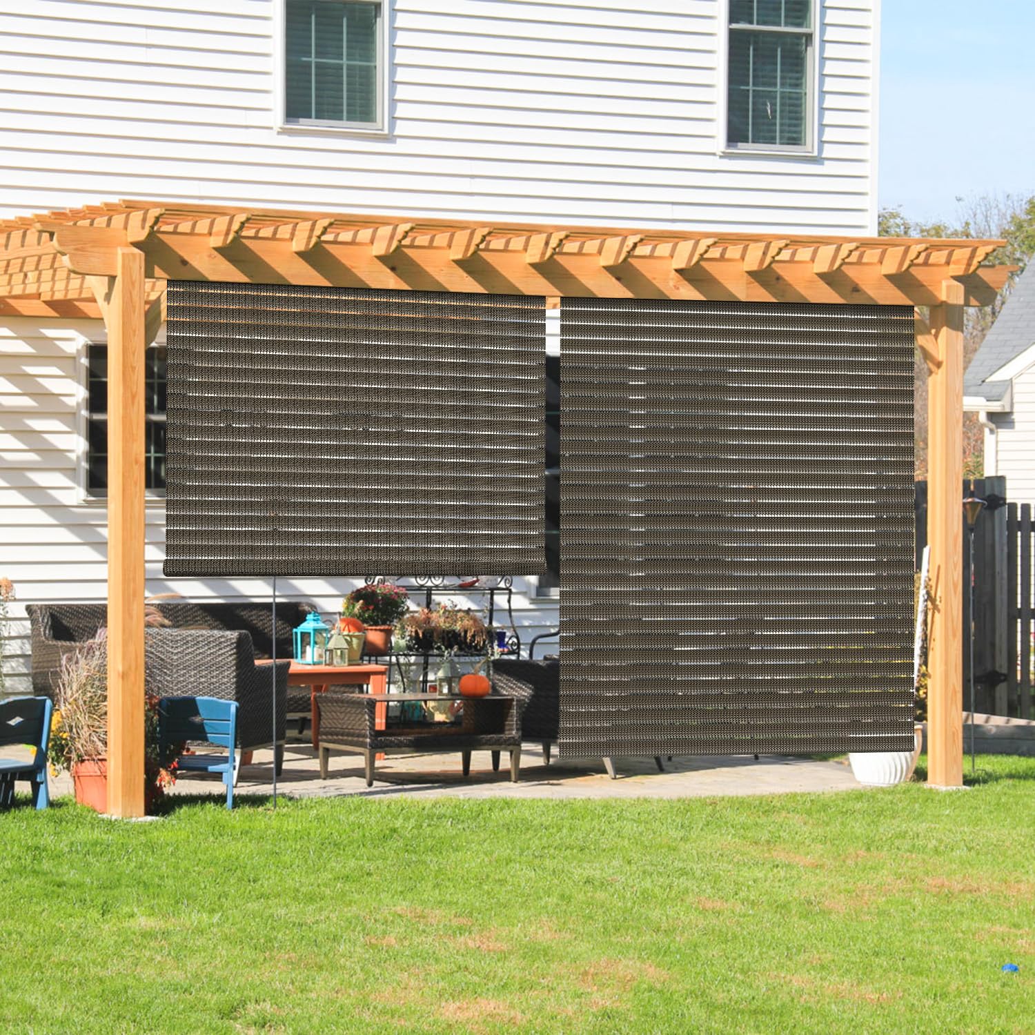 Coarbor Outdoor Roll Up Shades Blinds For Pergola Porch Balcony Deck Roller Shade Screen 5 'W X 11.5 'L Hollow Out Brown