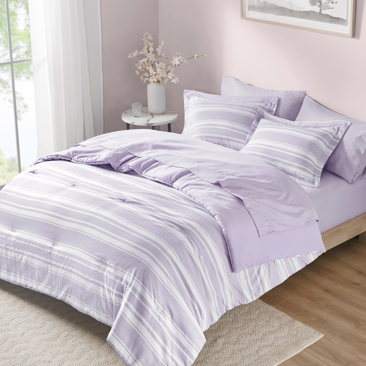 Codi Full Comforter Set 7 Piece, Lavender Purple Striped Bed in a Bag Reversible for All Seasons, Cationic Dyeing Bedding Sets w