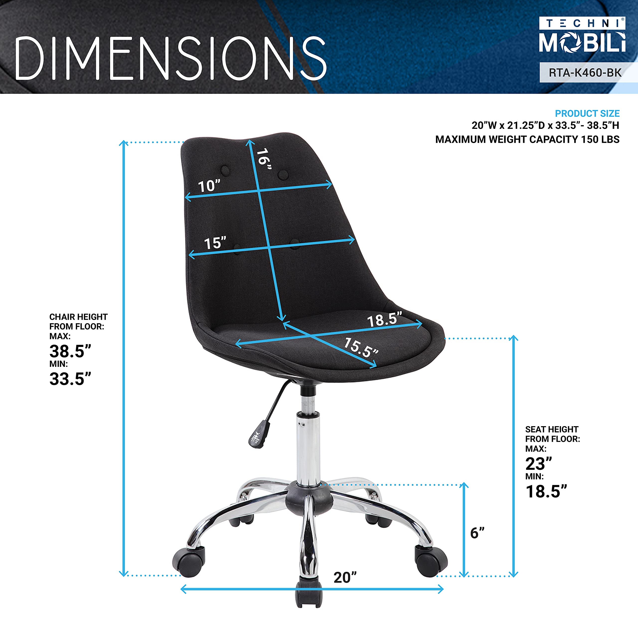 Techni Mobili Armless Task Chair, Comfortable Fabric Seat Desk Chair With Steel Base, Black