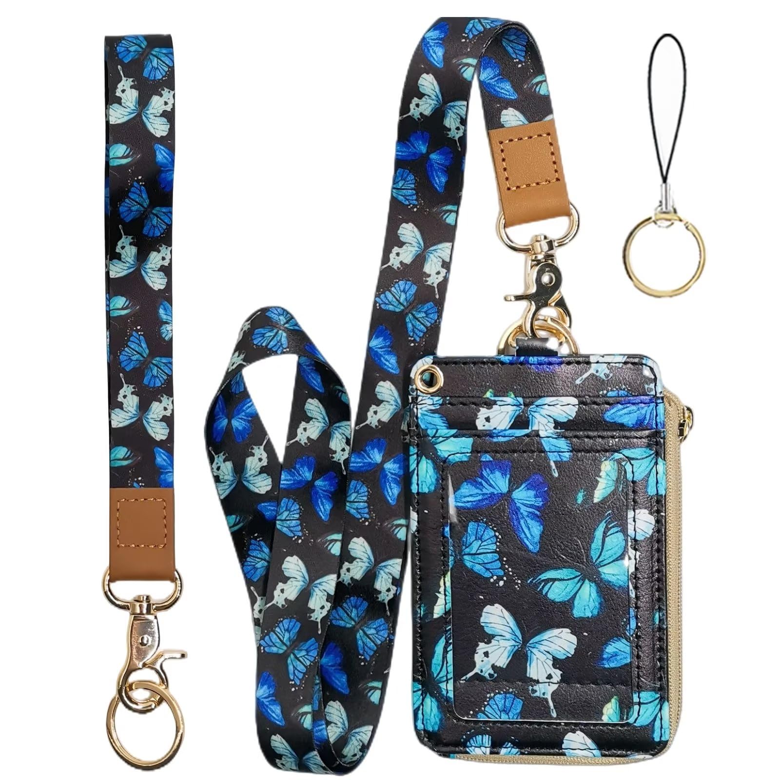 Bolimoss Butterfly Badge Holder With Zipper Pocket, Cute Women Lanyard For Id Badge,Pu Leather Id Badge Holder With Wristle Lany