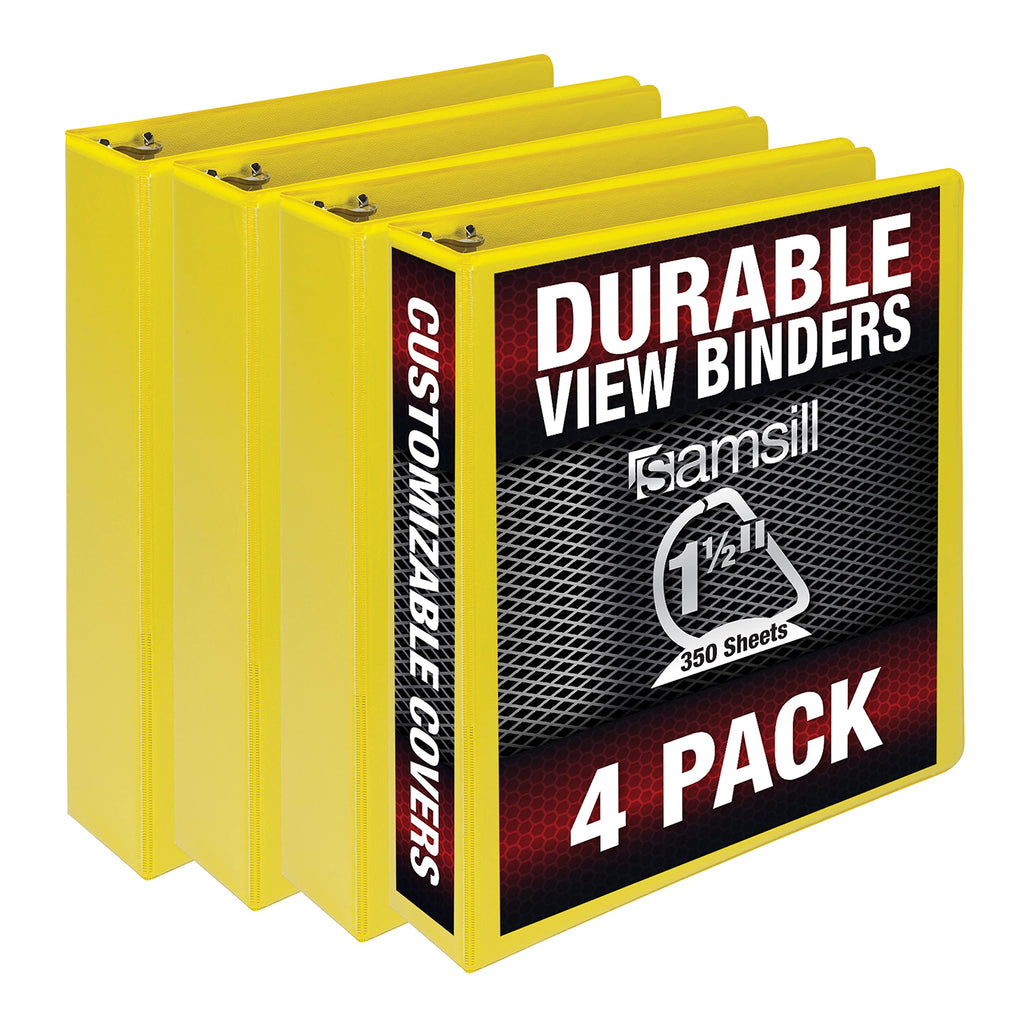 Samsill Durable 1.5 Inch Binder, Made In The Usa, D Ring Binder, Customizable Clear View Binder, Yellow, 4 Pack, Each Holds 350