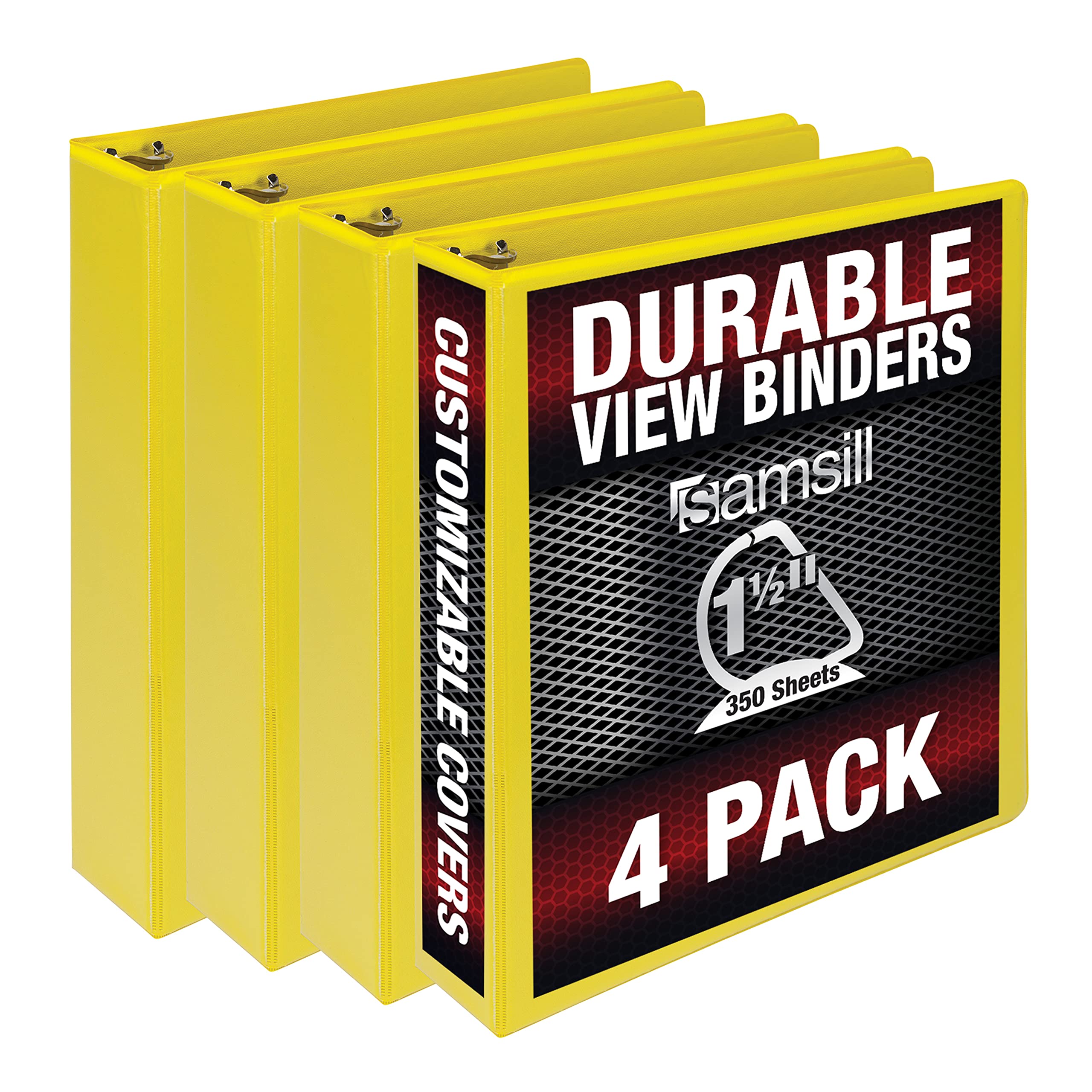 Samsill Durable 1.5 Inch Binder, Made In The Usa, D Ring Binder, Customizable Clear View Binder, Yellow, 4 Pack, Each Holds 350