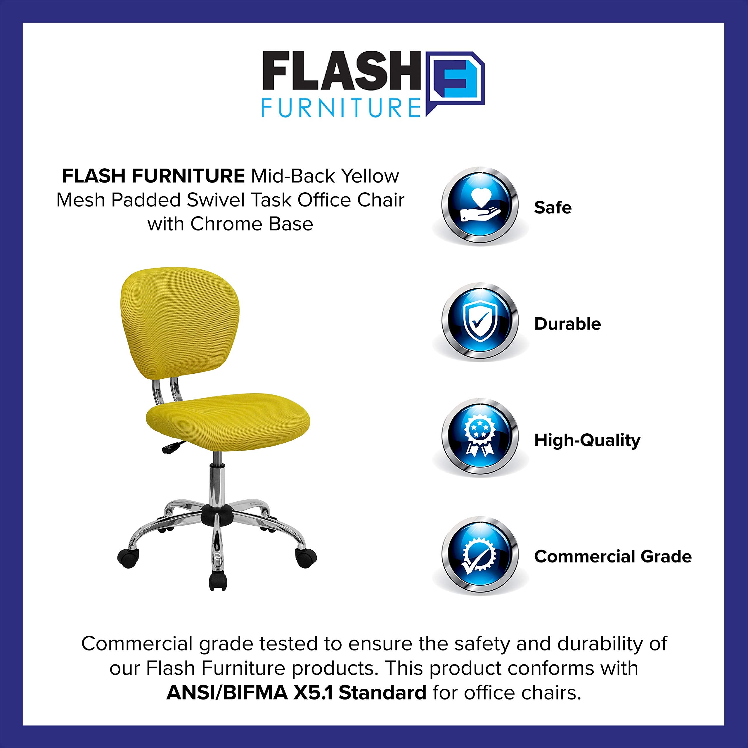 Flash Furniture Beverly Mid-Back Yellow Mesh Padded Swivel Task Office Chair with Chrome Base