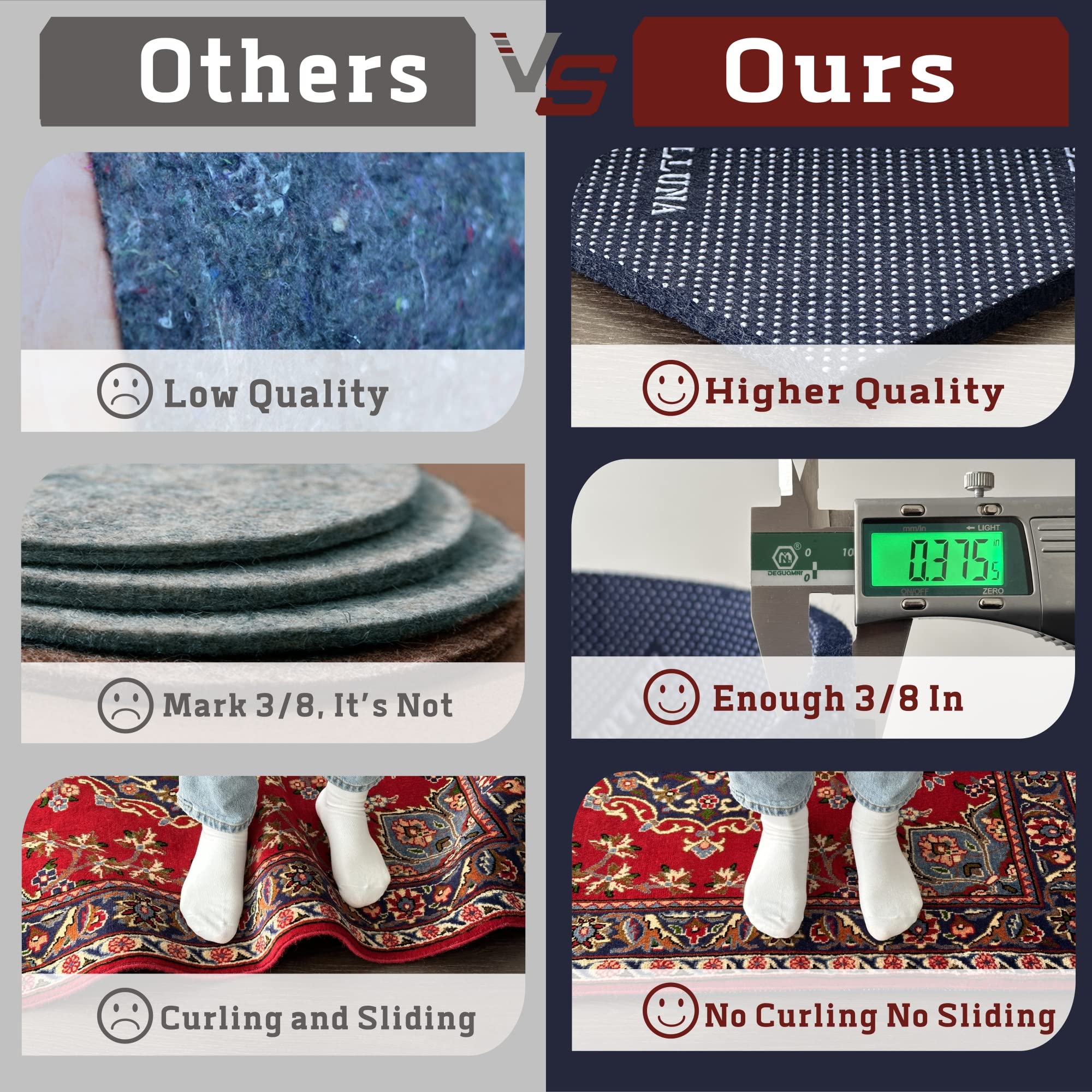 Delluna Non-Slip Area Rug Pad 5'X7', 3/8'' Thick Double Side Rubber + Felt, Premium Deluxe Cushioned- Safe For All Floors, Adds