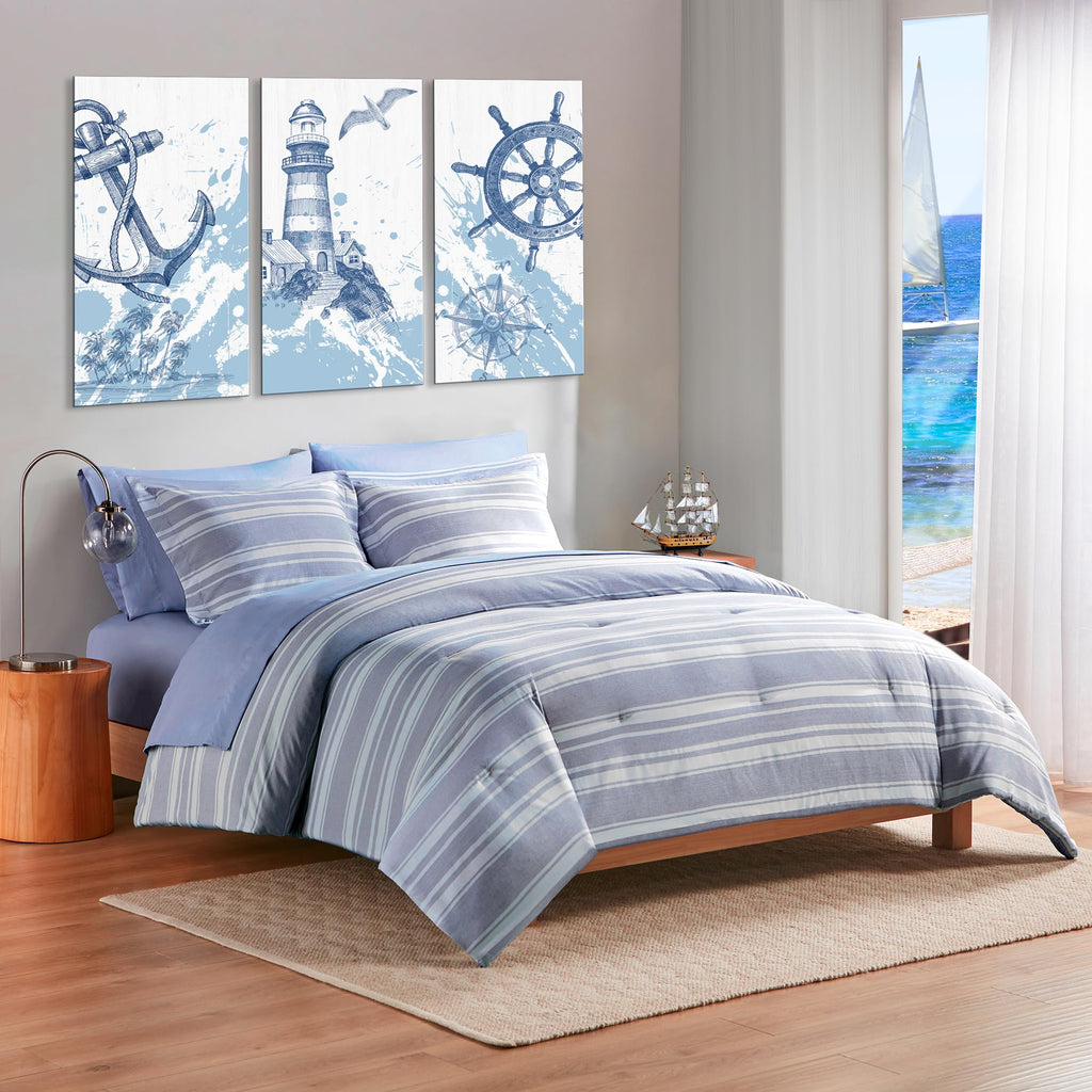 Codi King Size Bedding Comforter Sets With Sheets, Blue White Striped Bed In A Bag Reversible For All Seasons, Modern Cationic D
